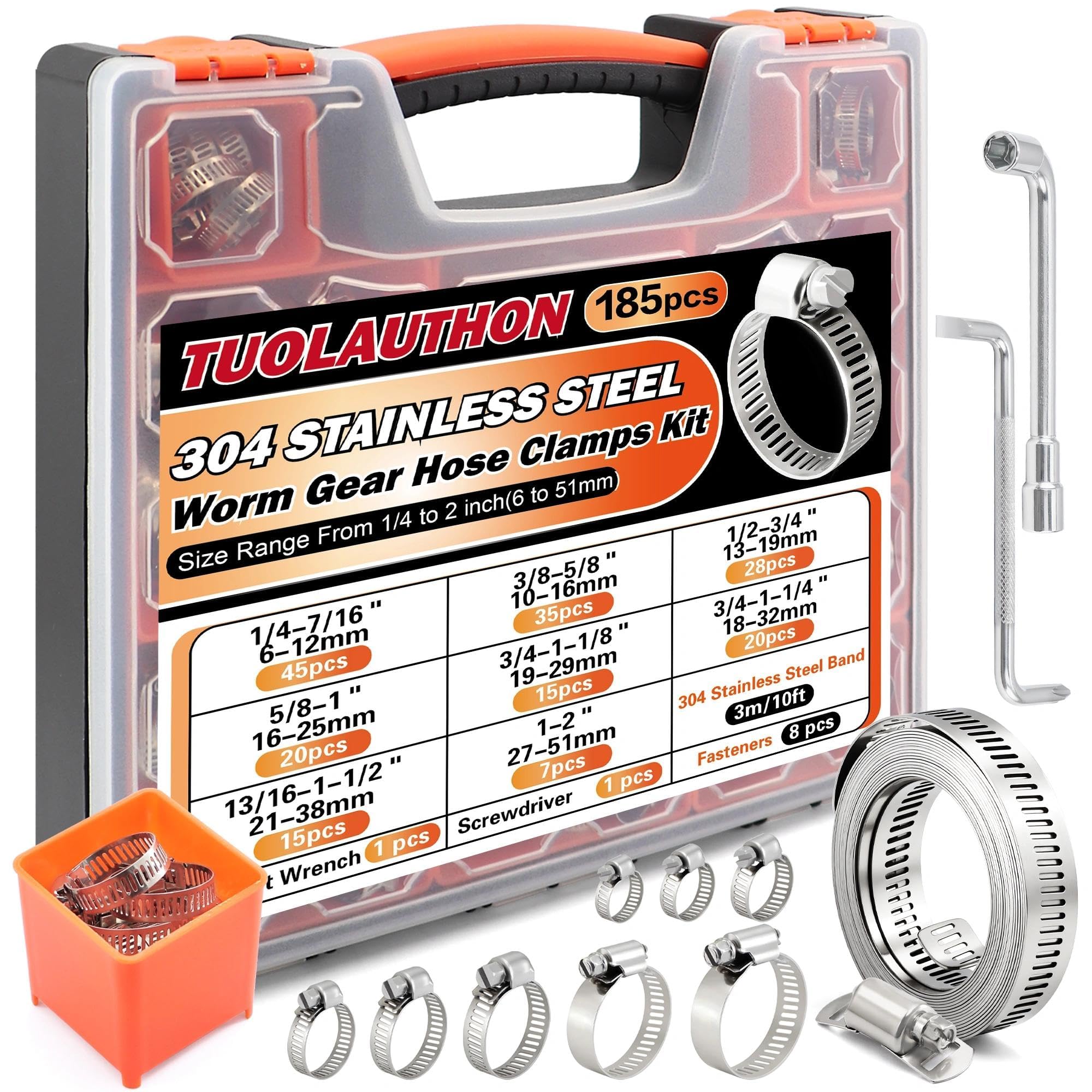 Photo 1 of 185Pcs 304 Stainless Steel Worm Gear Clamps Assortment Kit 1/4"-2(6-51mm), with 10FT Metal Strap+8 Stronger Fasteners for Automotive, Plumbing, Marine & DIY
