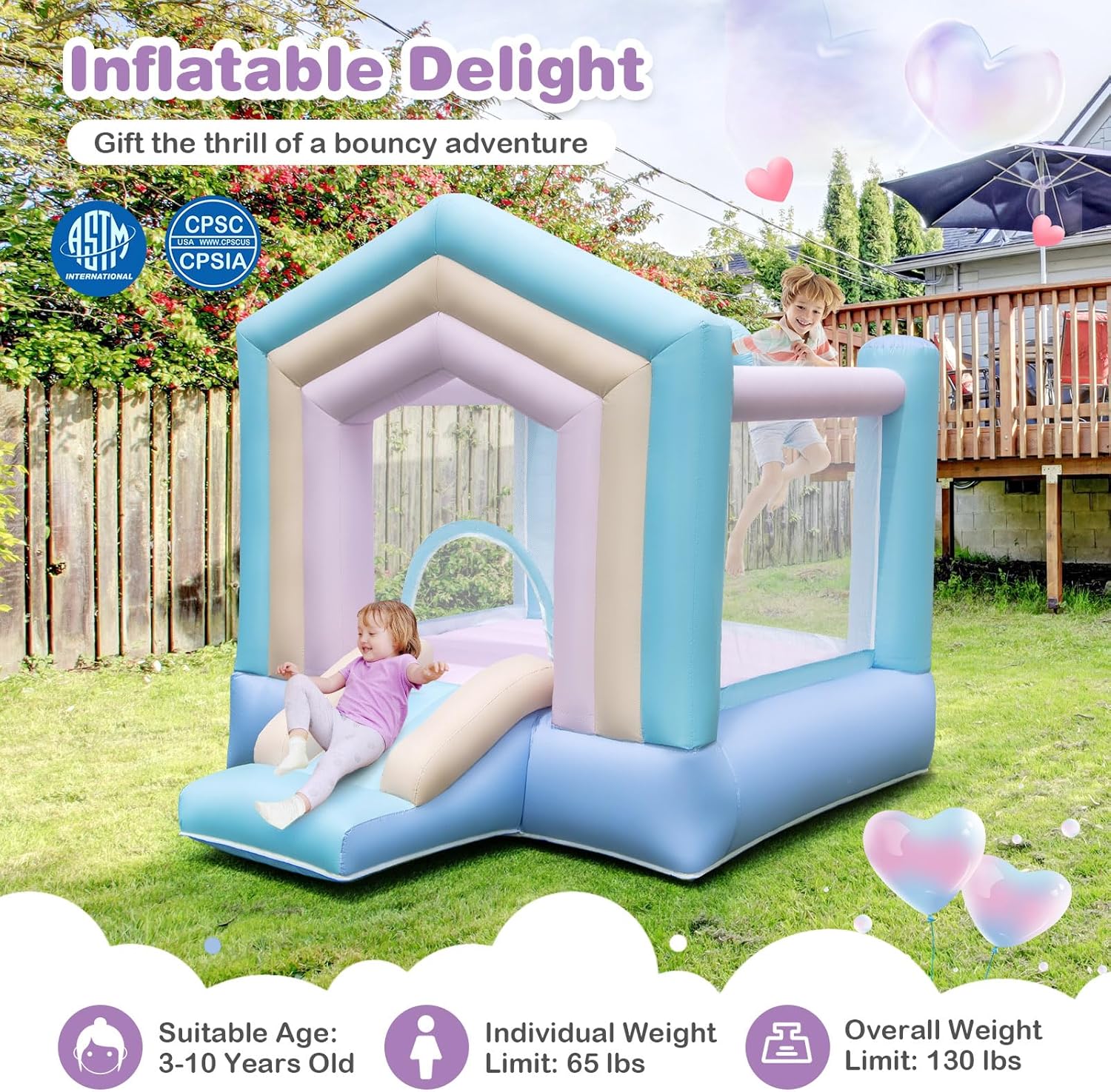 BOUNTECH Inflatable Bounce House, Dream Cotton Bouncy House for Kids 5-12 Indoor Outdoor Family with Blower, Large Jumping Area, Slide, Portable Backyard Bouncer Castle Boys Girls Birthday Party Gifts