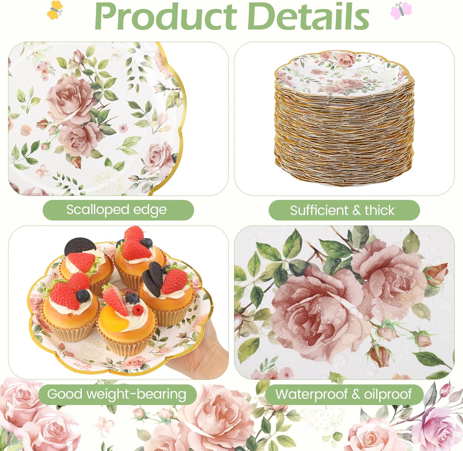 Kochorie 100 PCS Scalloped Party Plates, 9 Inch Disposable Floral Paper Plates, Pink Flower Paper Plate, Floral Dinner Plate Bulk for Birthday Bridal Baby Shower Wedding Party Supplies