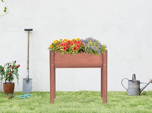 Miniatura 8 de Cama de jardín elevada con patas, 31 x 16 x 31 pulgadas, jardinera elevada de madera para exteriores, patas gruesas, con forro Marrón