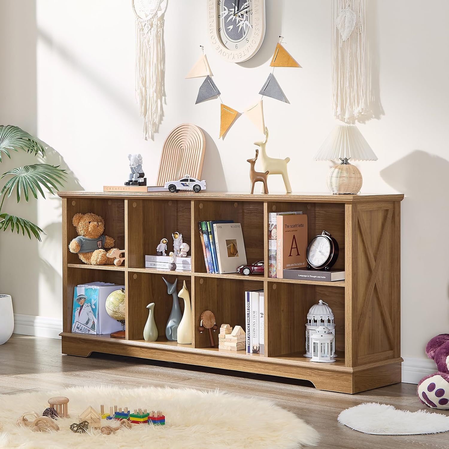 Wood Kids Bookshelf Kids Toy Storage Organizer, 5-Section Bookcase Wooden Storage Cabinet for Books Toys, Modern Open Storage Shelf for School, Classroom Playroom, Nursery, Kindergarten, Natural Oak