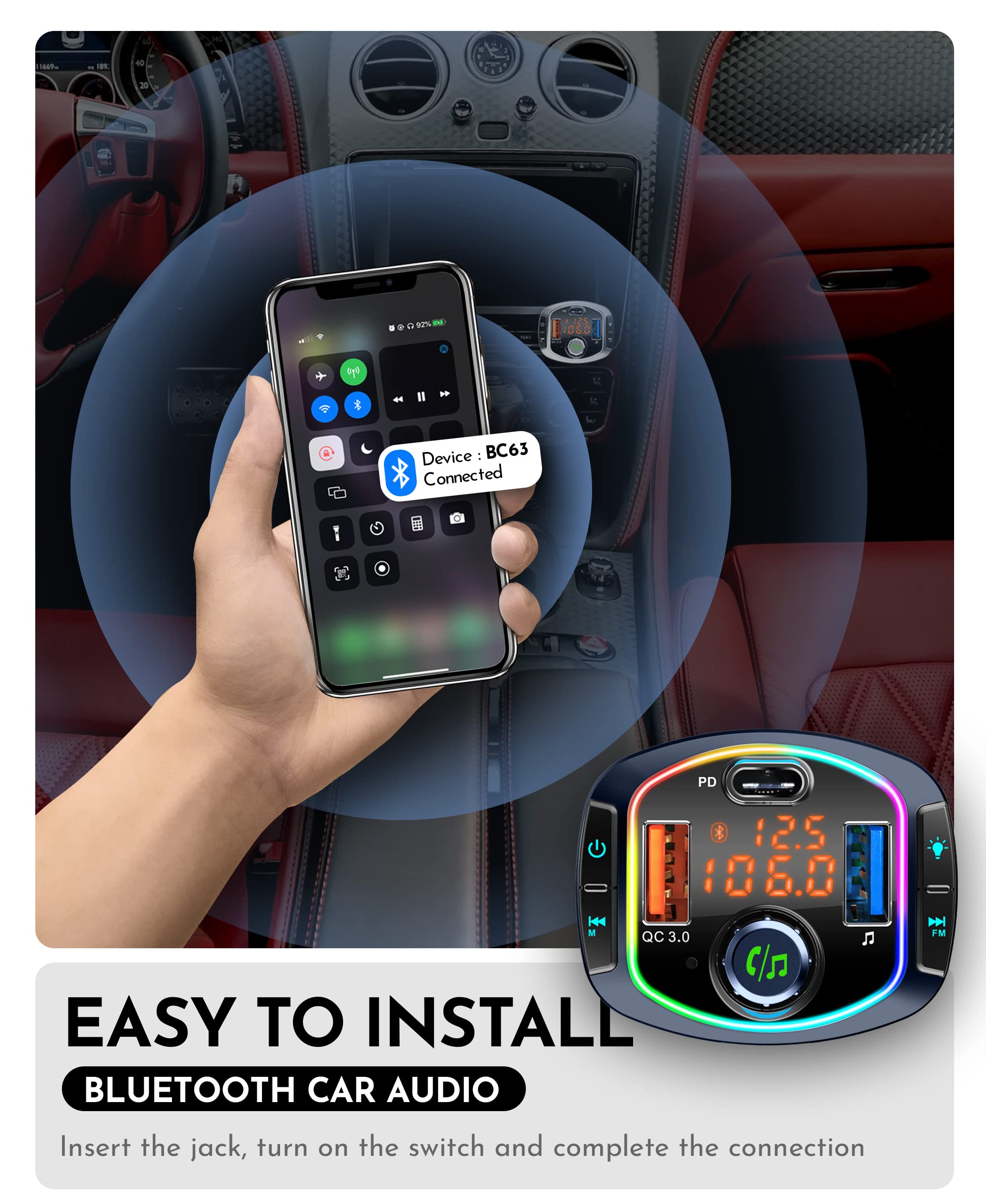 Trasmettitore FM Bluetooth TYKEVO Per Auto - Con Ricarica Rapida E Display