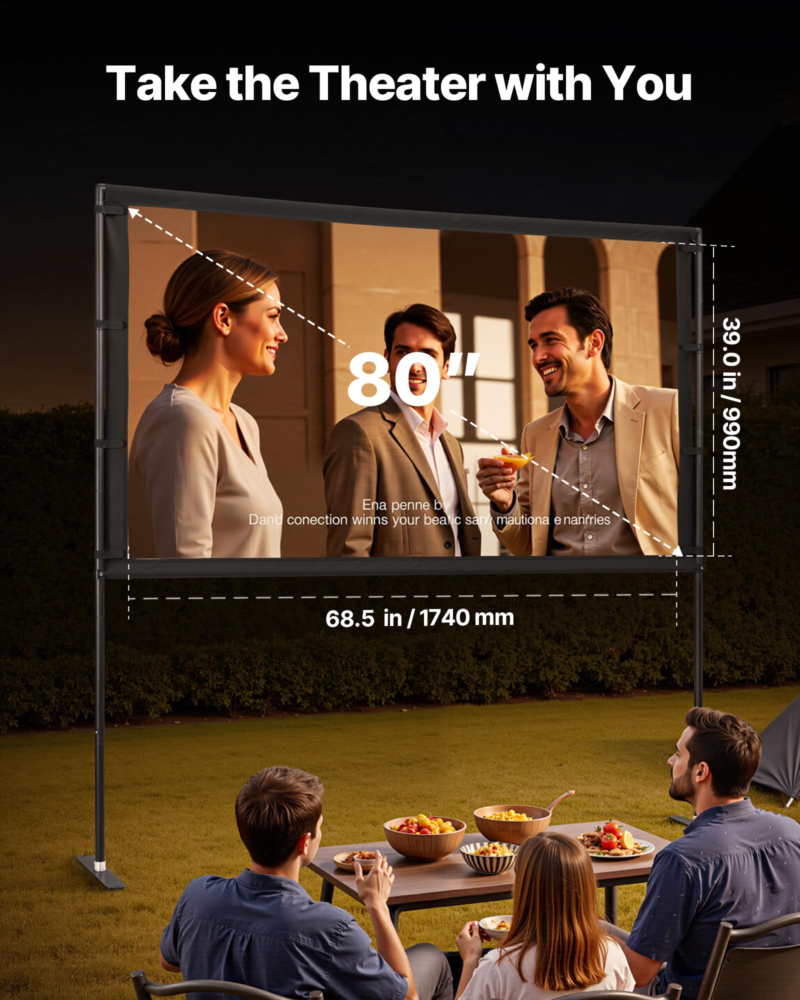 VEVOR Pantalla de Proyector con 2 Soportes de Pie Plano, Pantalla de Proyección Portátil Antiarruga de 203,2 cm con Bolsa de Transporte Ángulo Amplio de 160° 16:9 4K HD para Cine en Casa