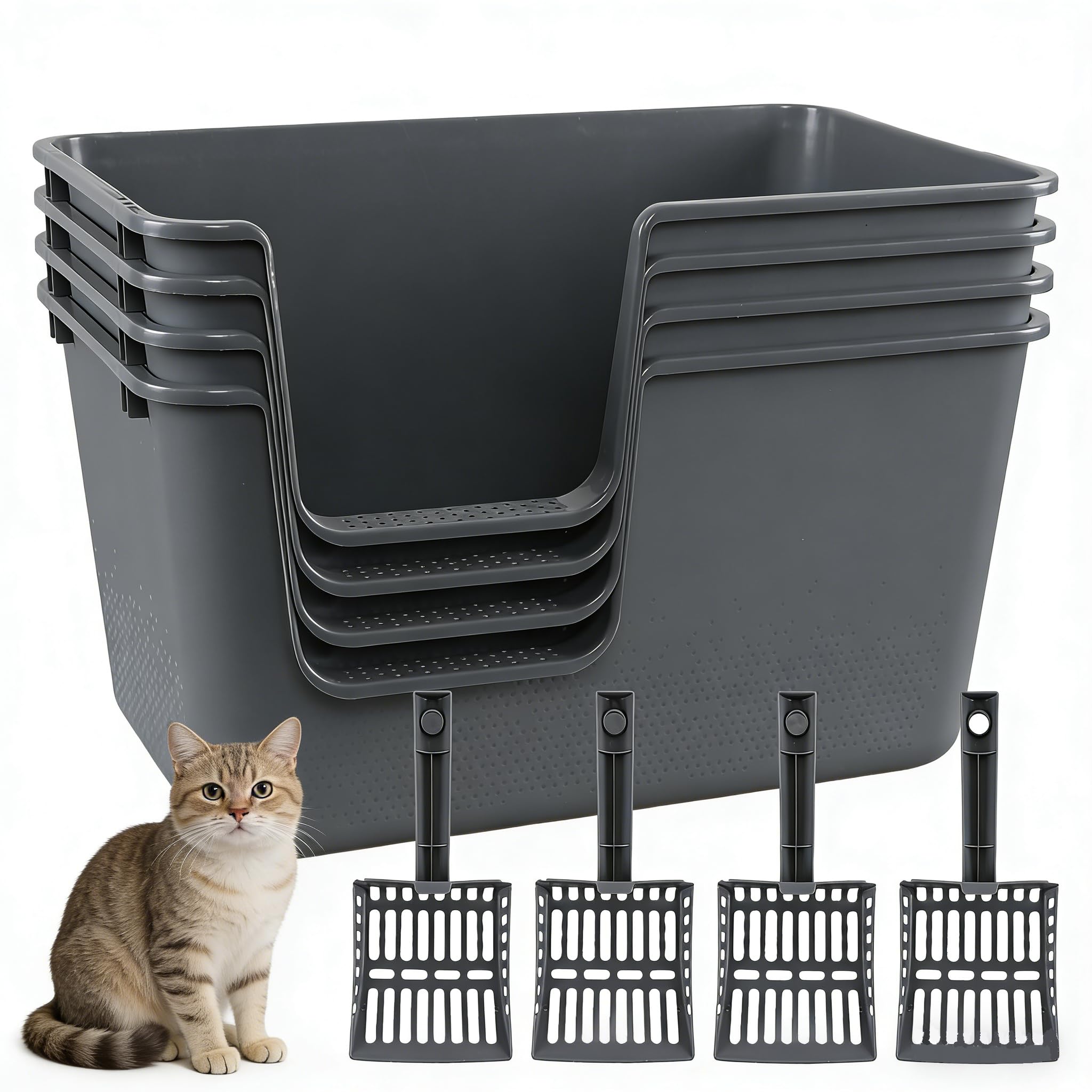Extra Large Cat Litter Box with High Sides, Anti-Splashing Kitty Litter Box for Muti Cats, Open Big Cat Litter Pan, 4 Pack(Grey)