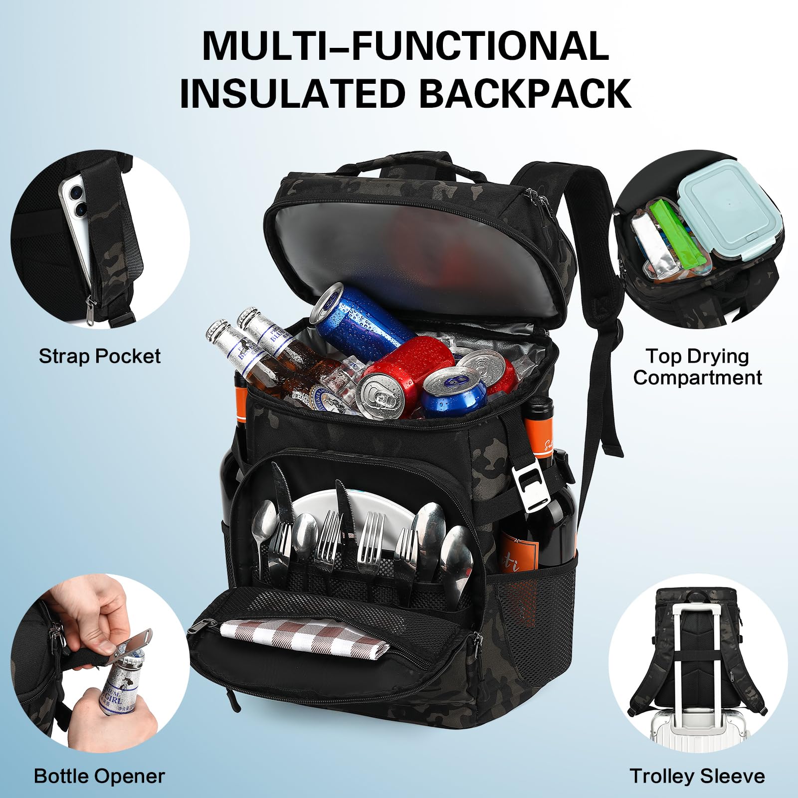 Kühlrucksack 25L Taktischer Kühltasche Rucksack Isolierte Auslaufsicher Kühl Thermo Rucksack mit Flaschenöffner Hält 40 Dosen Picknickrucksack für Camping, Strand, Mittagessen