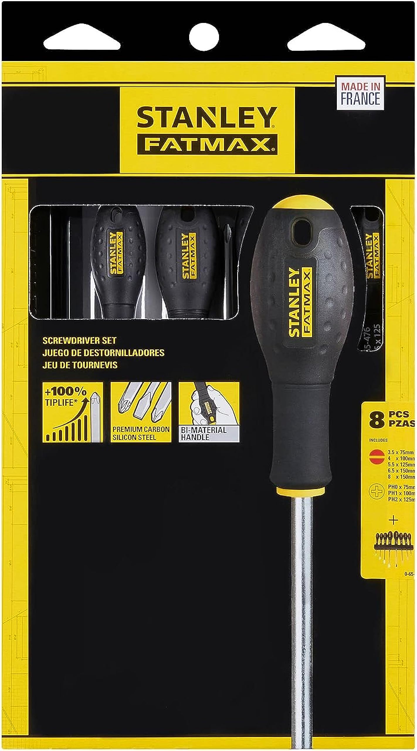 STANLEY 0-65-437 Jeux De 8 Tournevis Gamme FATMAX 2 Electricien 3 Mécanicien 3Ph- Liaison Quasi Incassable - Poignée Soft-Grip - Lame En Acier