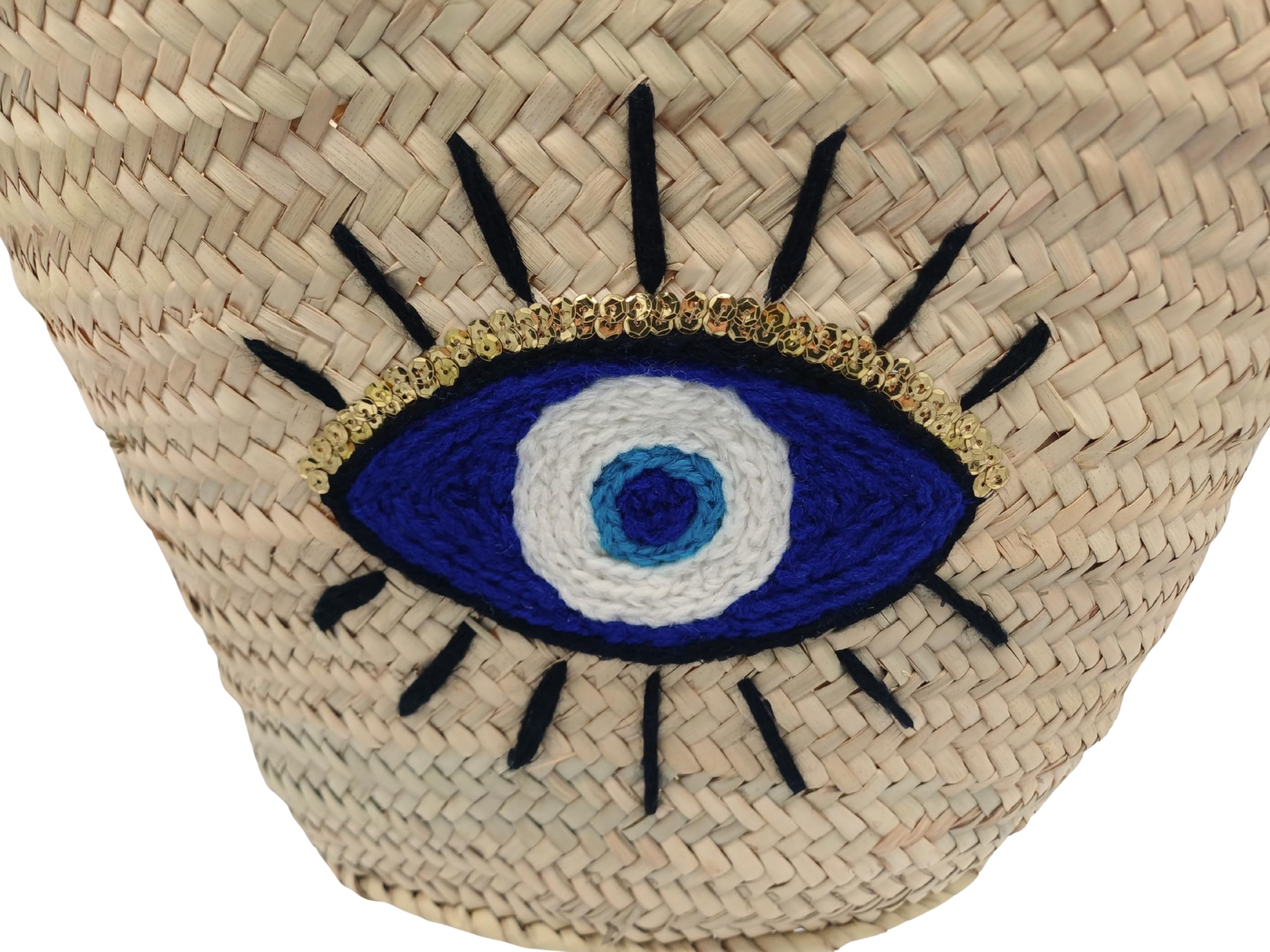 Bolso capazo de palma con dibujo de ojo de lana azul,asas largas azules, beige y azul 45x28x18cm