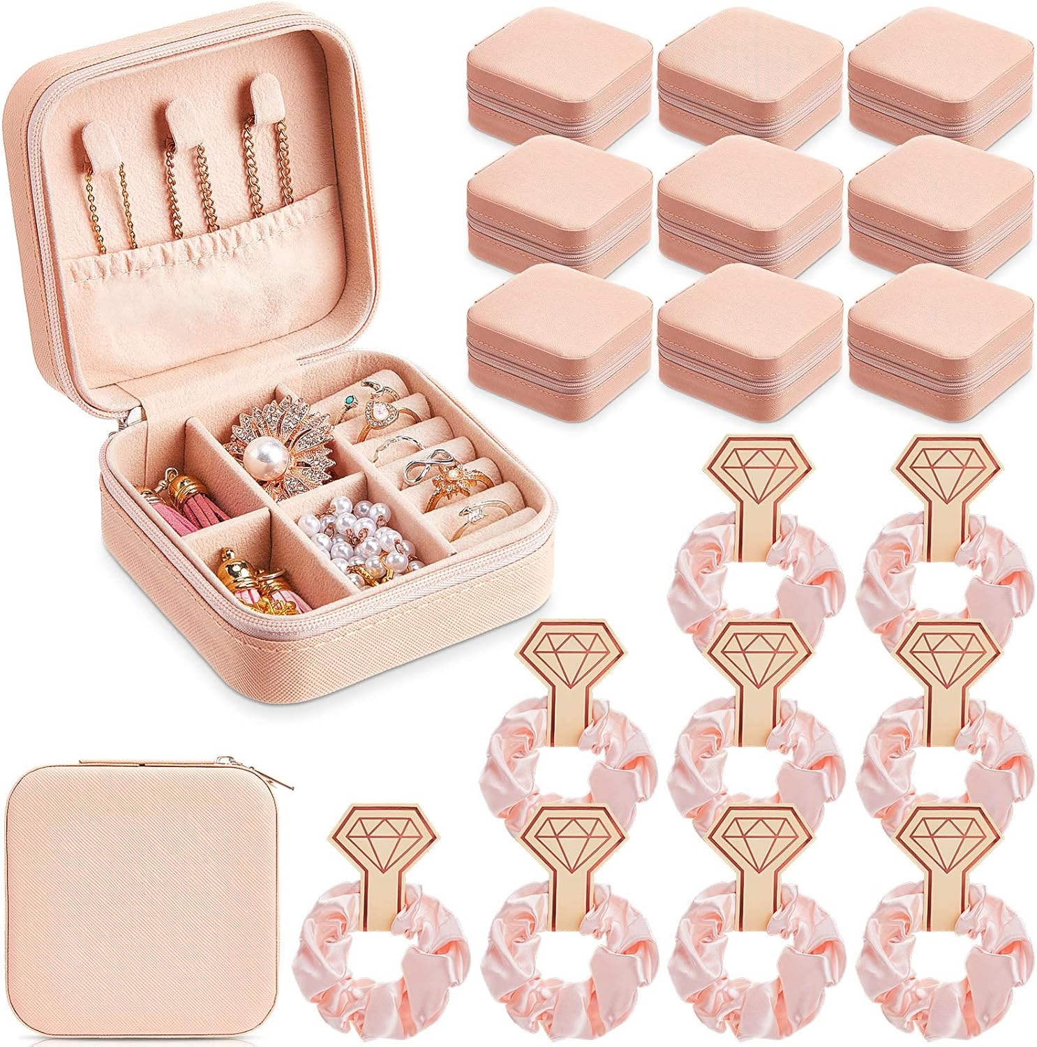Yinkin 9 Pcs Jewelry Case Boxes Small Travel Mini Organizer with 9 Pcs Hair Scrunchies, Women Girls Earring Ring Gift(Pink)