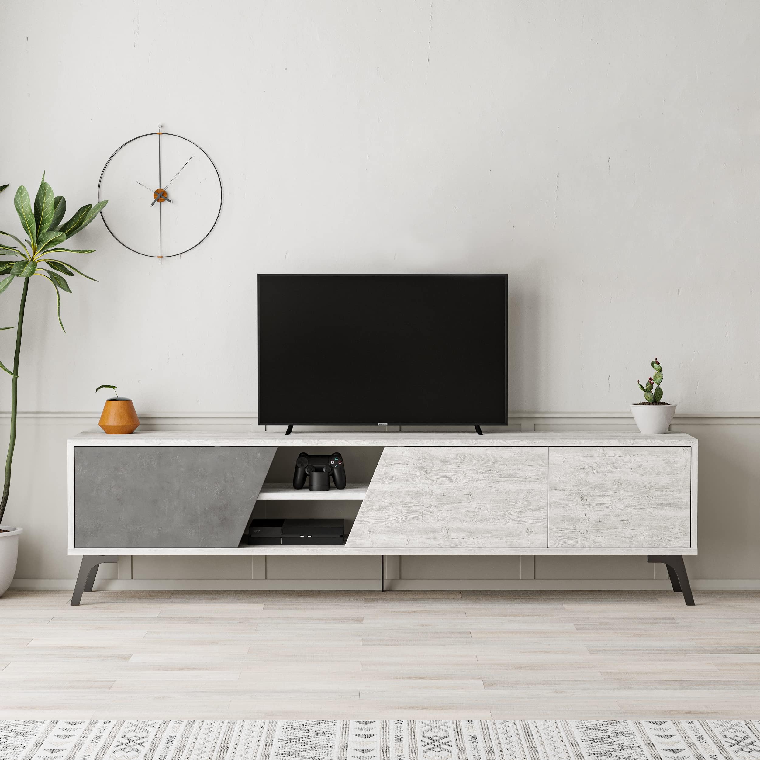 HOCUS PICUS TV Stand | 3-Door & 2-Tier Shelf Wooden Storage Cabinet | Modern TV Unit for Living Room | Lowboard Table for 65" TVs | 180cm Ancient White, Retro Grey