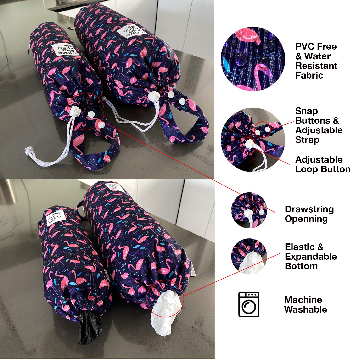 2 bolsas de basura de plástico impermeables para comestibles, organizador de bolsas de almacenamiento de cocina, dispensador de bolsas de almacenamiento de múltiples diseños, tamaños de flamencos