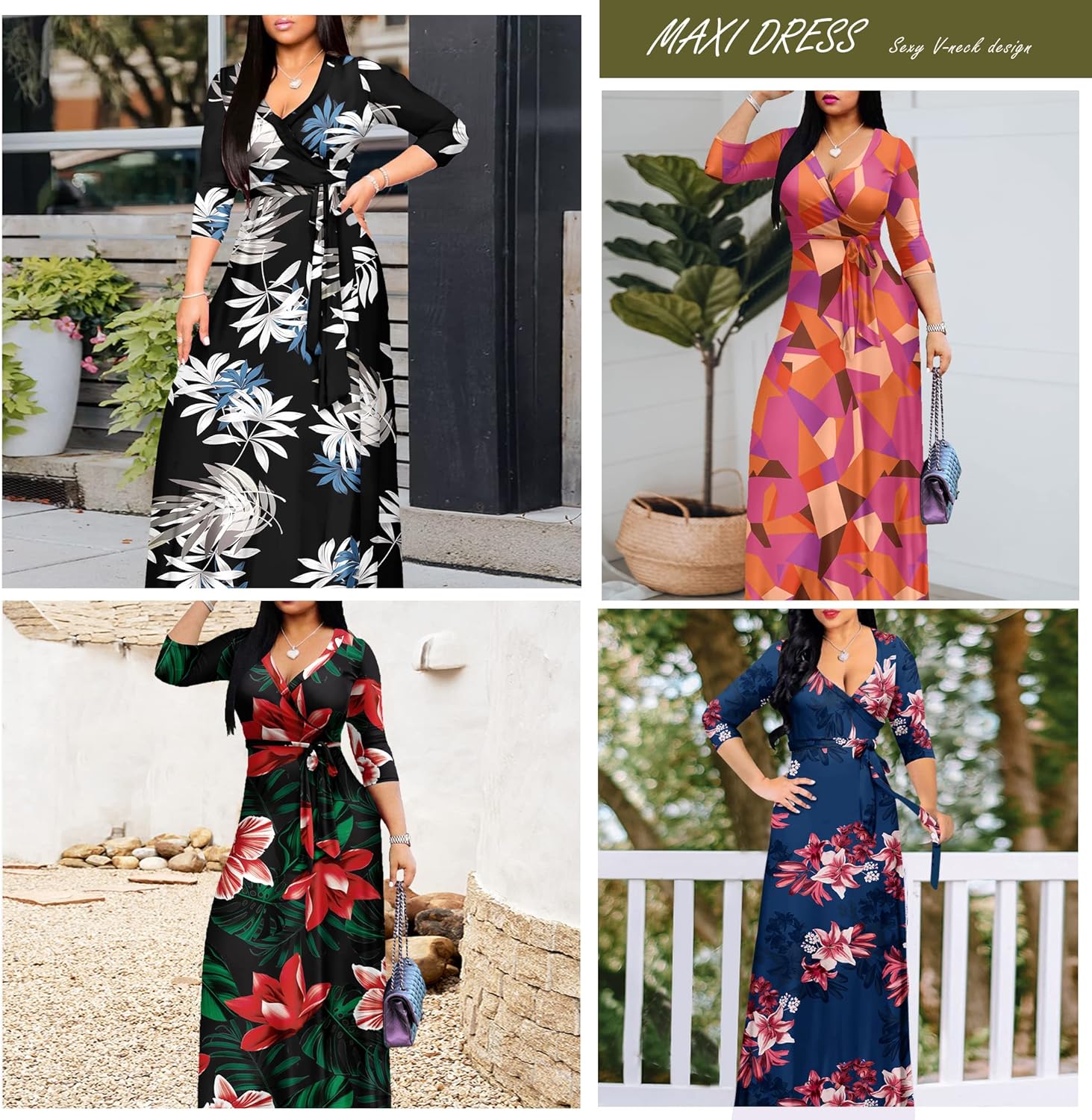 AOMONI Women's Floral Print Maxi Dresses Summer with Pockets Casual 3 4 Sleeve V-Neck Wrap Tie Waist Long Dress, M-3XL - Image 5