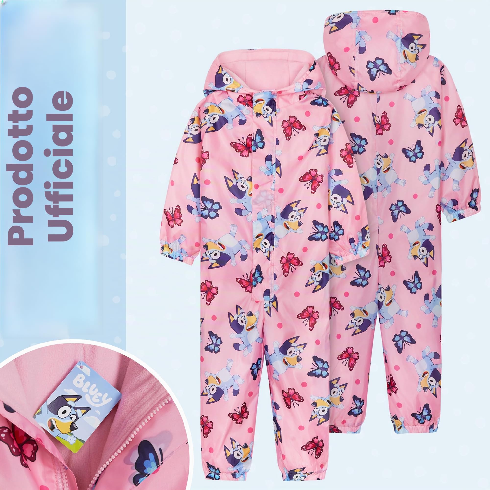 BlueY Tuta Pioggia Bambina, Tutto in Uno Tuta Impermeabile Bambini con Cappuccio Tuta Foderato in Pile per Giochi Viaggi