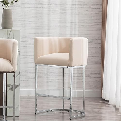 Miniatura 10 de Juego de 4 taburetes de bar contemporáneos de lino color crema, de 32 pulgadas, de tela tapizada, altura de mostrador, taburetes de cocina con base