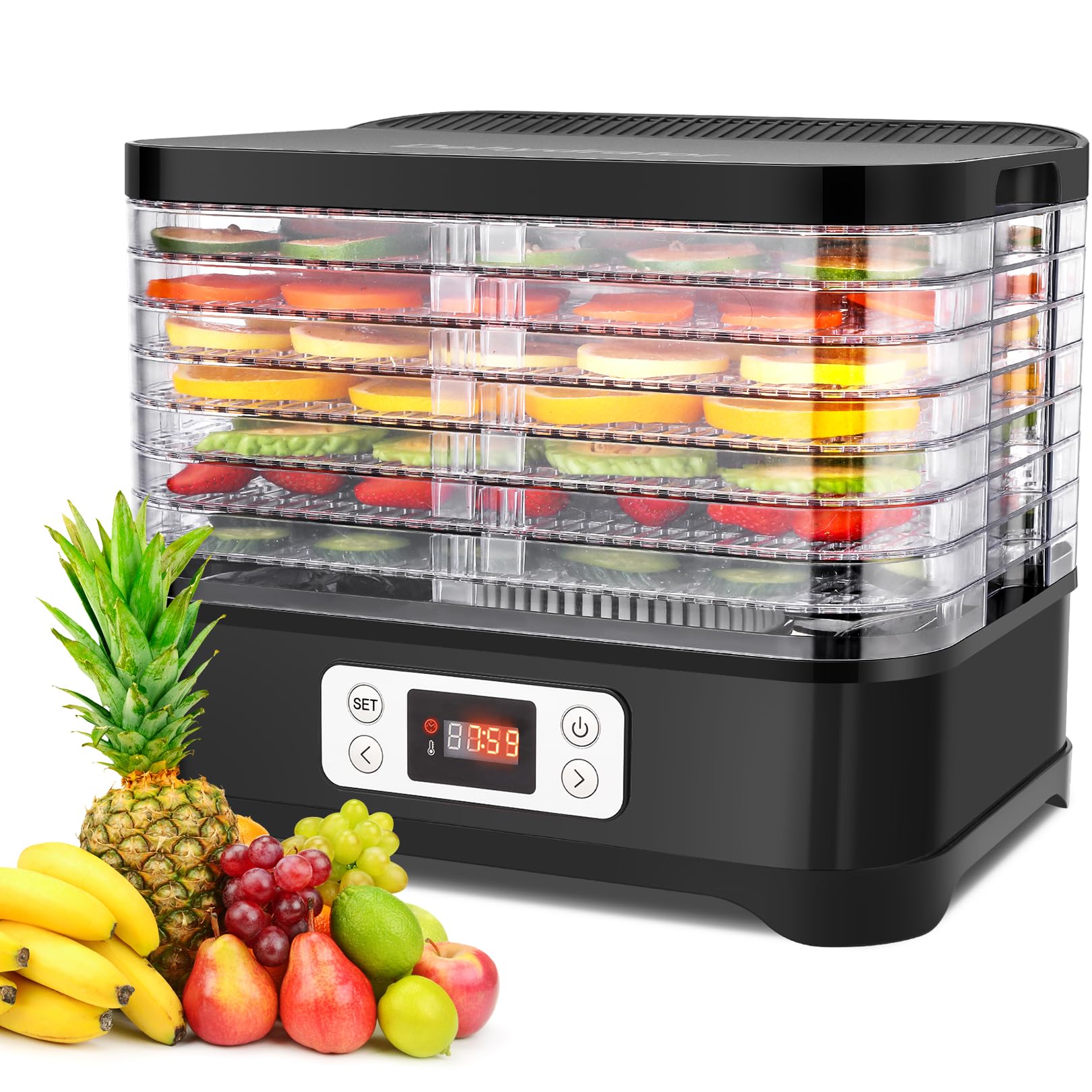 MEYKEY Stainless Steel Food Dryer with 8 Inserts 400 W Drier for Fruit, Meat and Herbs with Non-Stick Coating Silicone Dehydrator Leaves 30-70°C 72