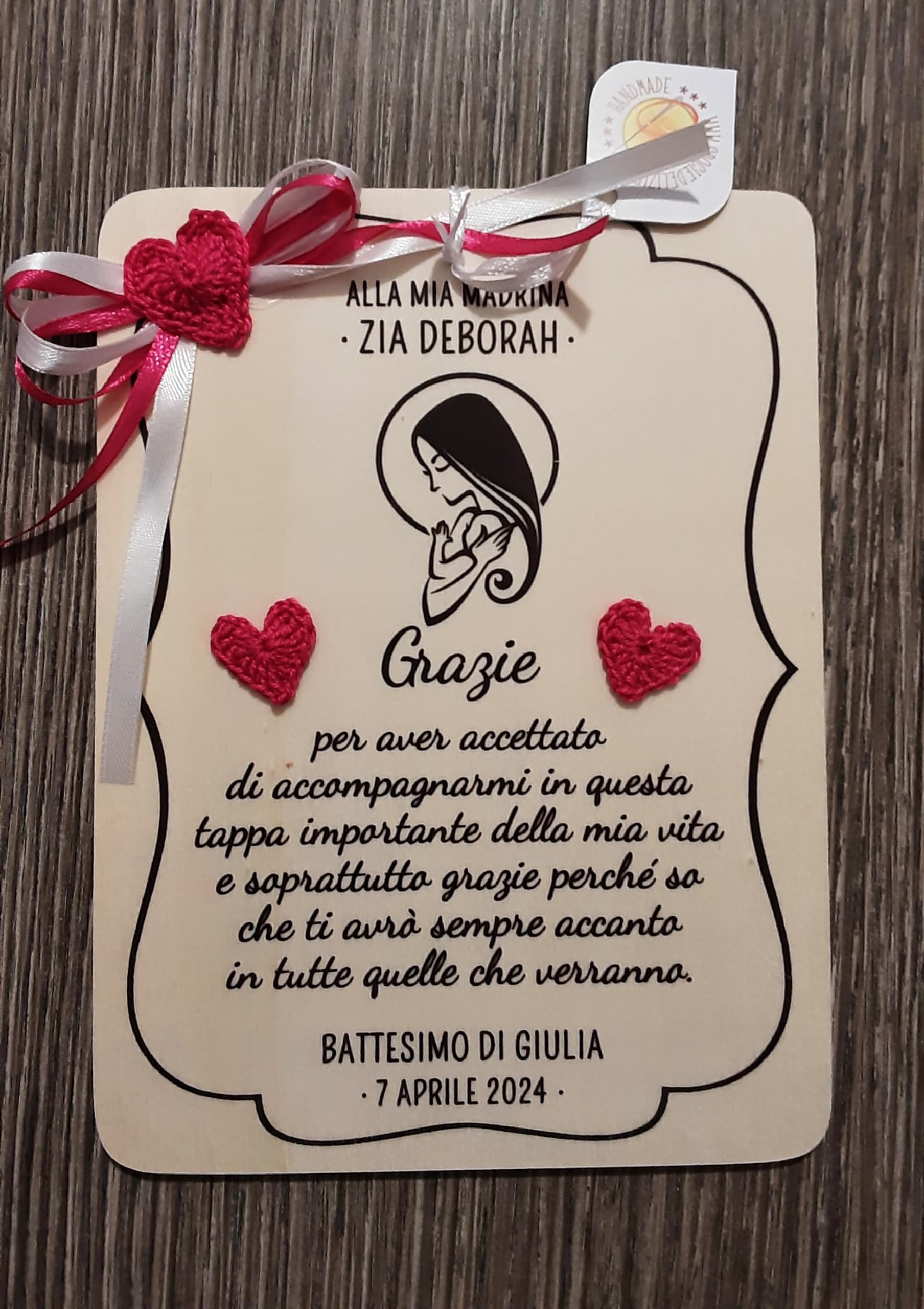 Crociedelizie, targa targhetta tavoletta ricordo ricordino per madrina padrino battesimo cresima idea regalo ringraziamento personalizzata nome e data completa di scatola regalo in omaggio