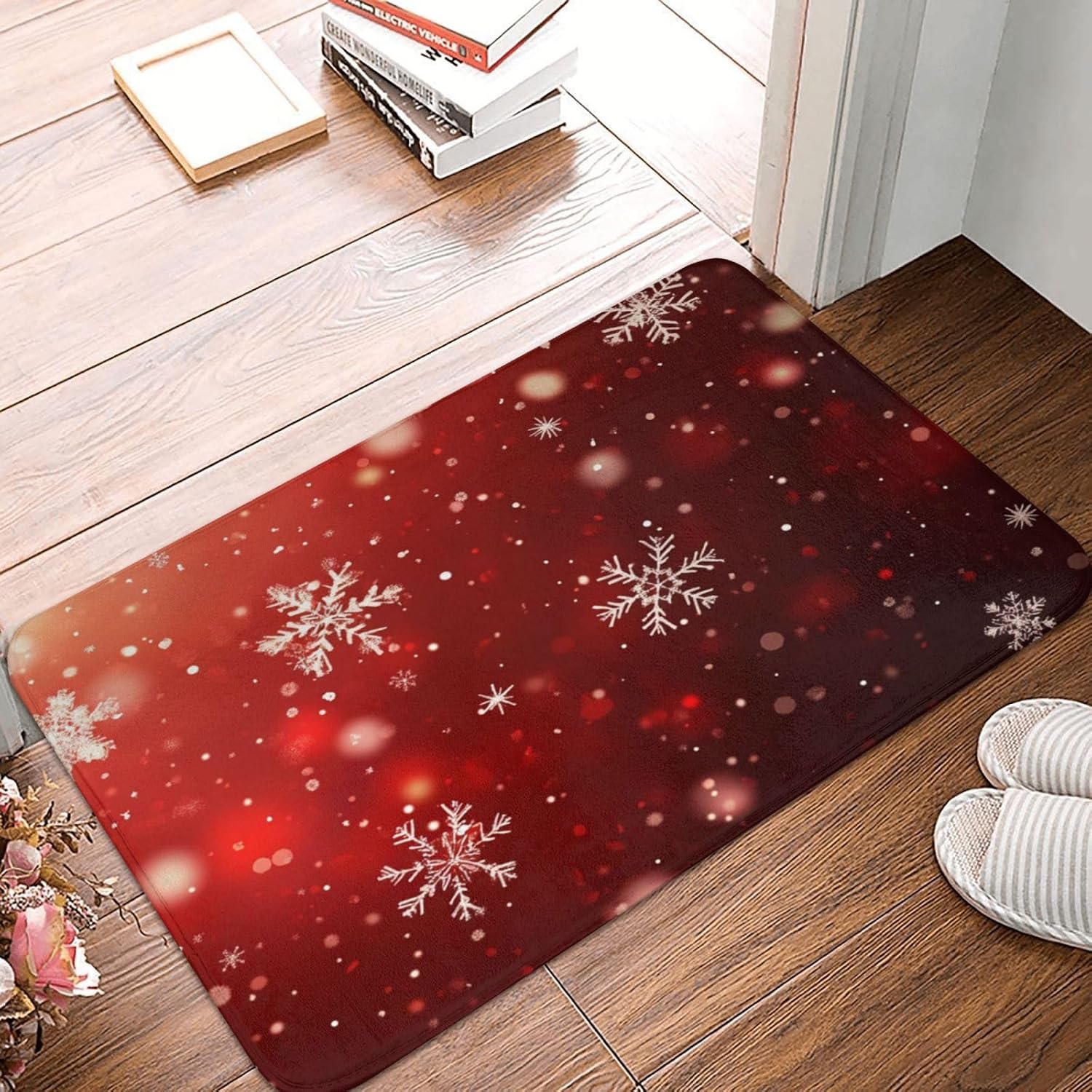 Bath Mat Red Christmas Snowflake Xmas Glitter Bathroom Rug Shower Mat Non Slip Absorbent Quick Dry Memory Foam Washable Soft Floor Carpet Bath Rug for Small Bathroom Tub Sink Hotel 15.7 x 23.6 inch