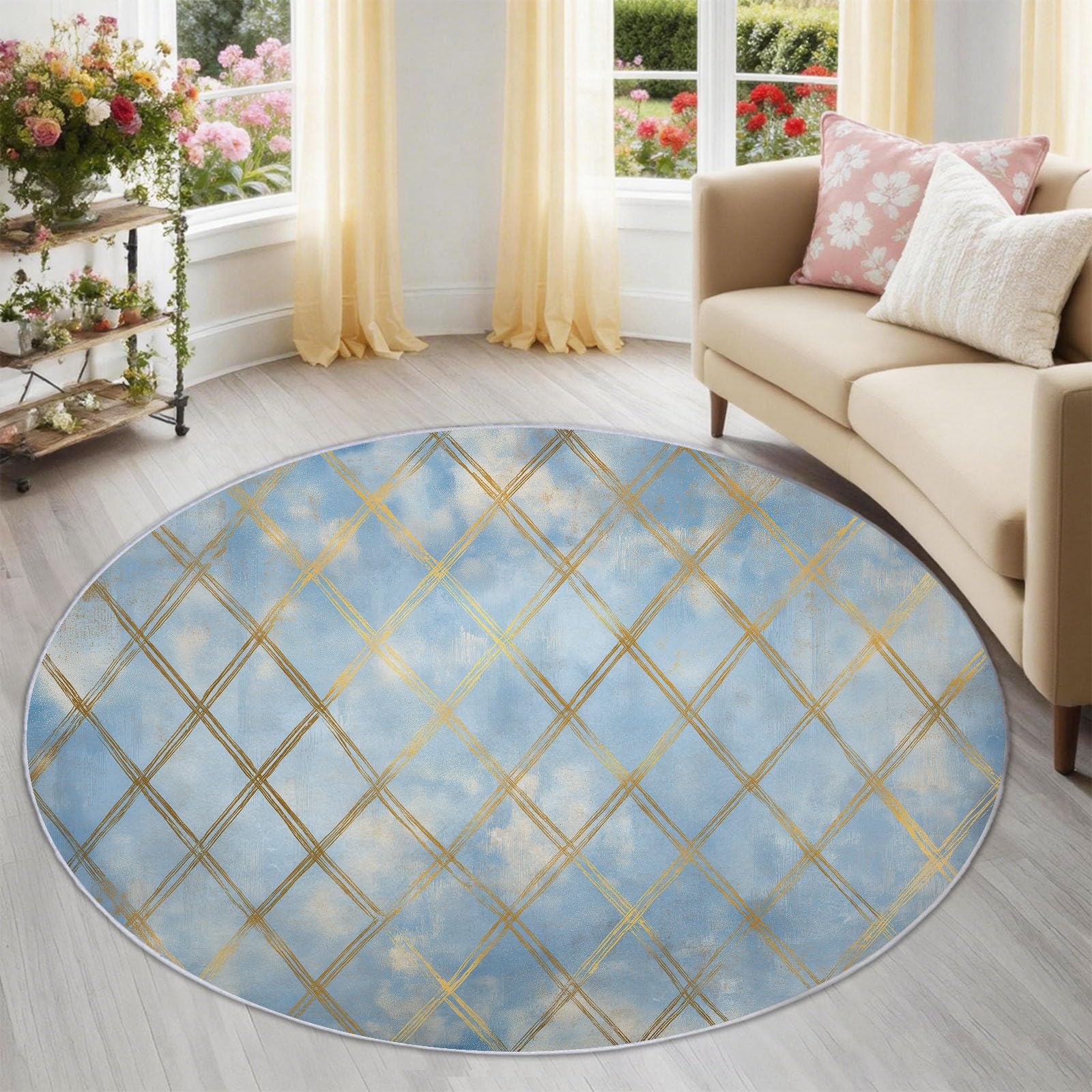 Okrągły dywan 160 cm, można prać w pralce, antypoślizgowy dywan z niskim włosiem w stylu geometrycznym, wzór siatki w romby Shabby Chic miękki, do pokoju gościnnego, niebiesko-złoty