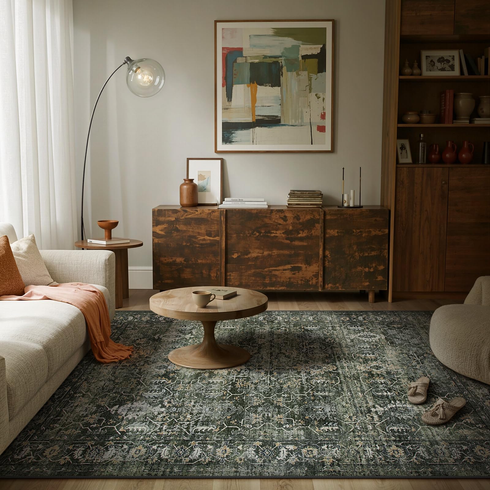 Boho Rug 8x10 Washable Bedroom Rug 8x10 Under Bed Worn Soft Non-Slip Low Pile Indoor Dining Room Rug Home Office