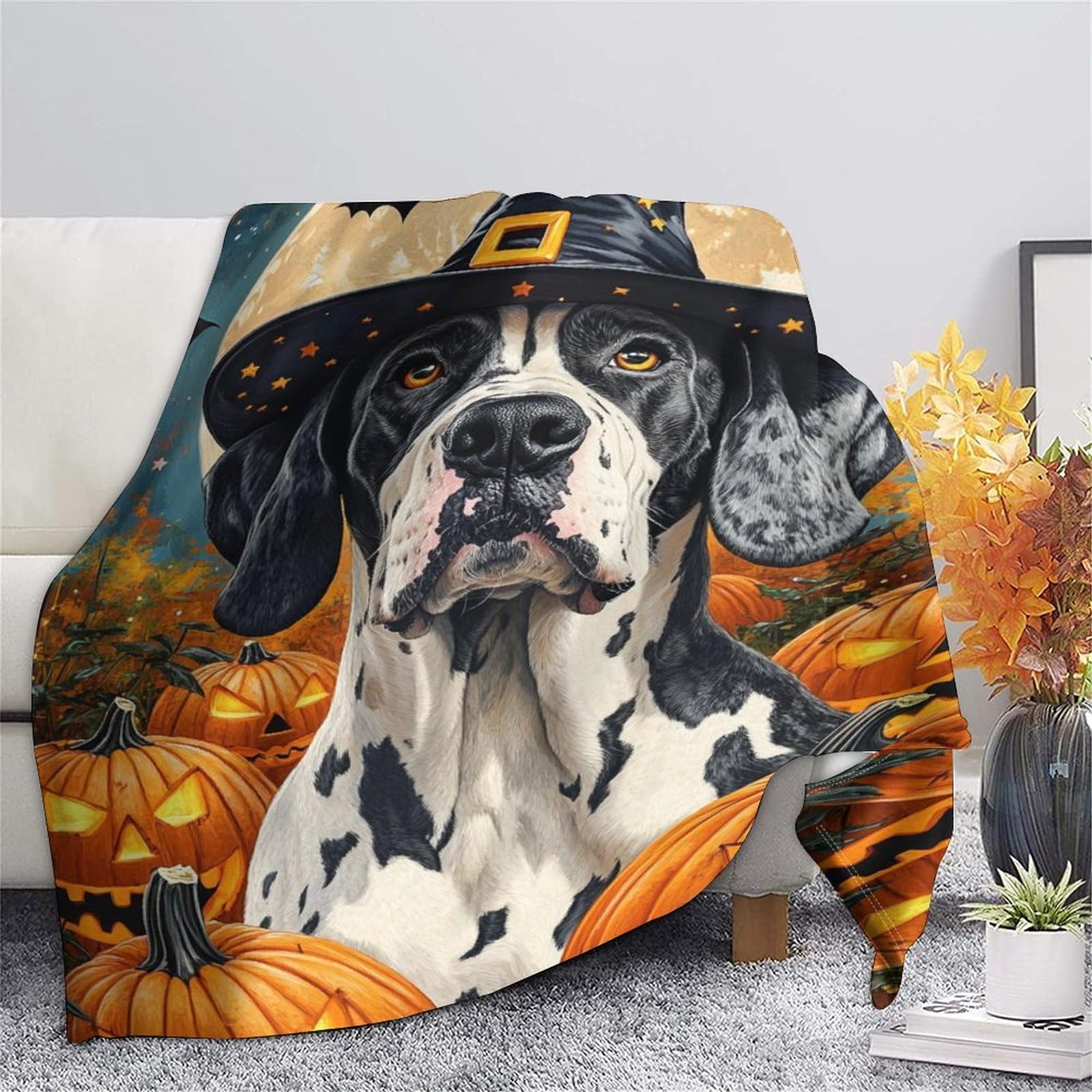Dalmate Chien Couverture Douillette en Flanelle Polaire 3D Citrouilles éclairées Couverture De Canapé Douce Et Duveteux pour Canapé Et Salon 70x80inch(180x200cm)