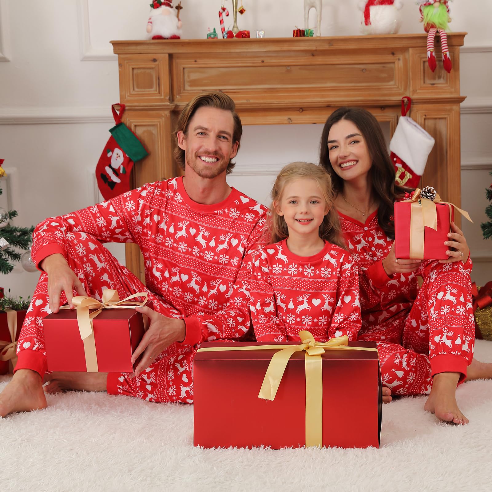 Set di pigiami natalizi per la famiglia, da donna, uomo, coppia, bambini, a maniche lunghe, con motivo natalizio