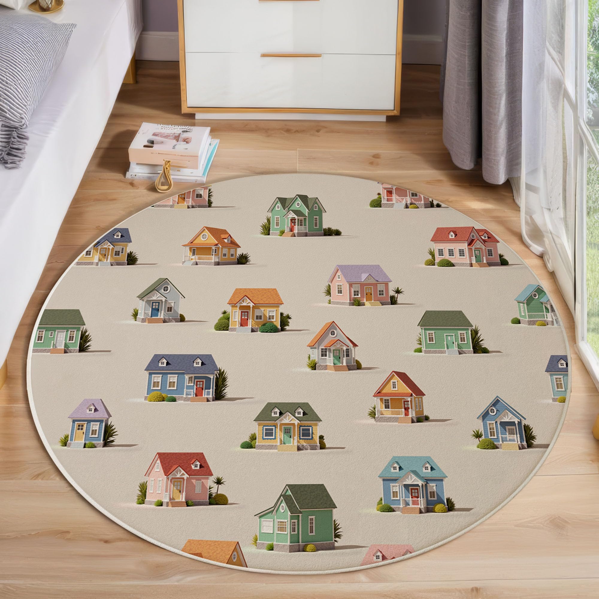 Tappeto Rotondo per Bambini, Morbido Costruzione Di Una Piccola Casa Cartone Animato Antiscivolo Grande Tappetino da Gioco, per Cameretta dei Bambini in Finta Cashmere, (Beige chiaro, 100cm )