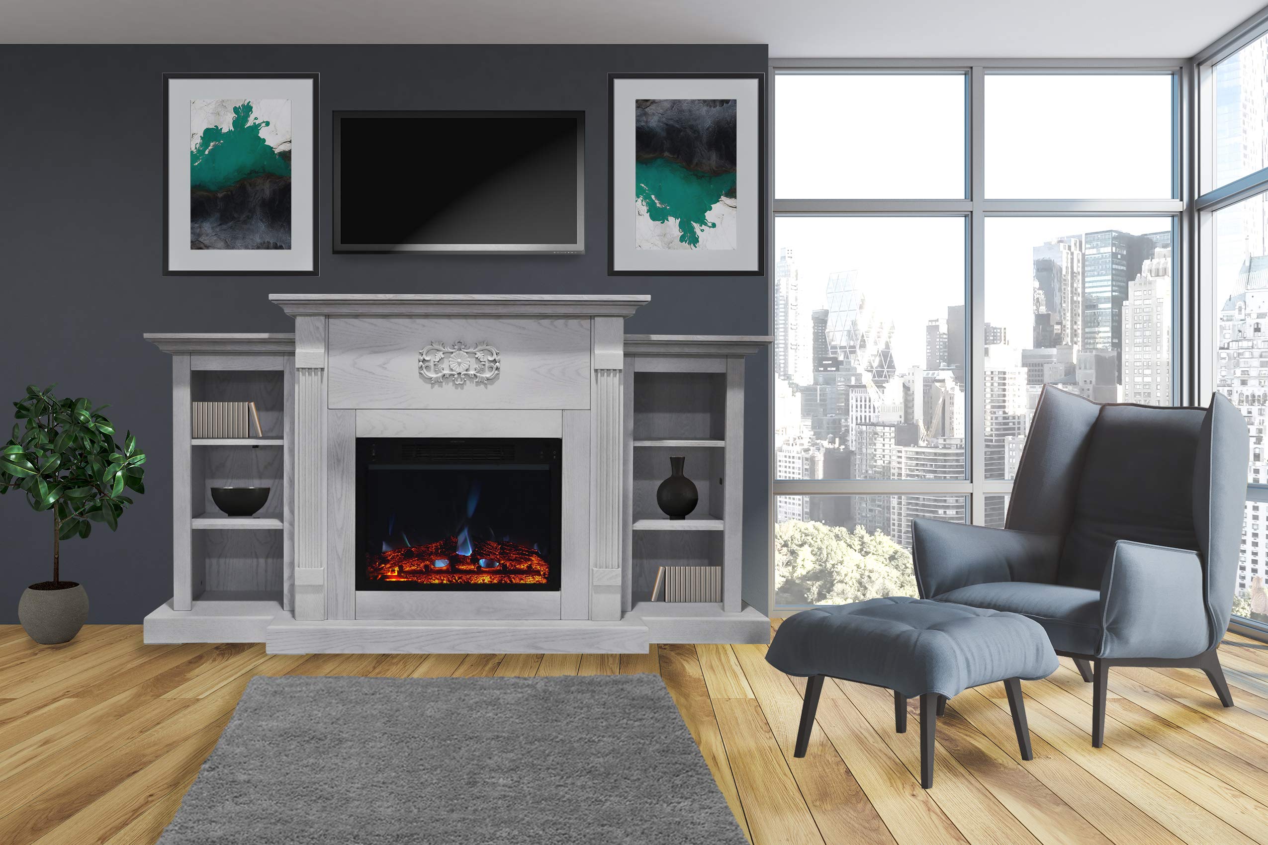 Hanover Classic 72'' Electric Fireplace Mantel TV Stand with Deep Log Display and Realistic Multi-Color Flames, Modern Electric Fireplace with Mantel for Home with Built-In Bookshelves and Remote