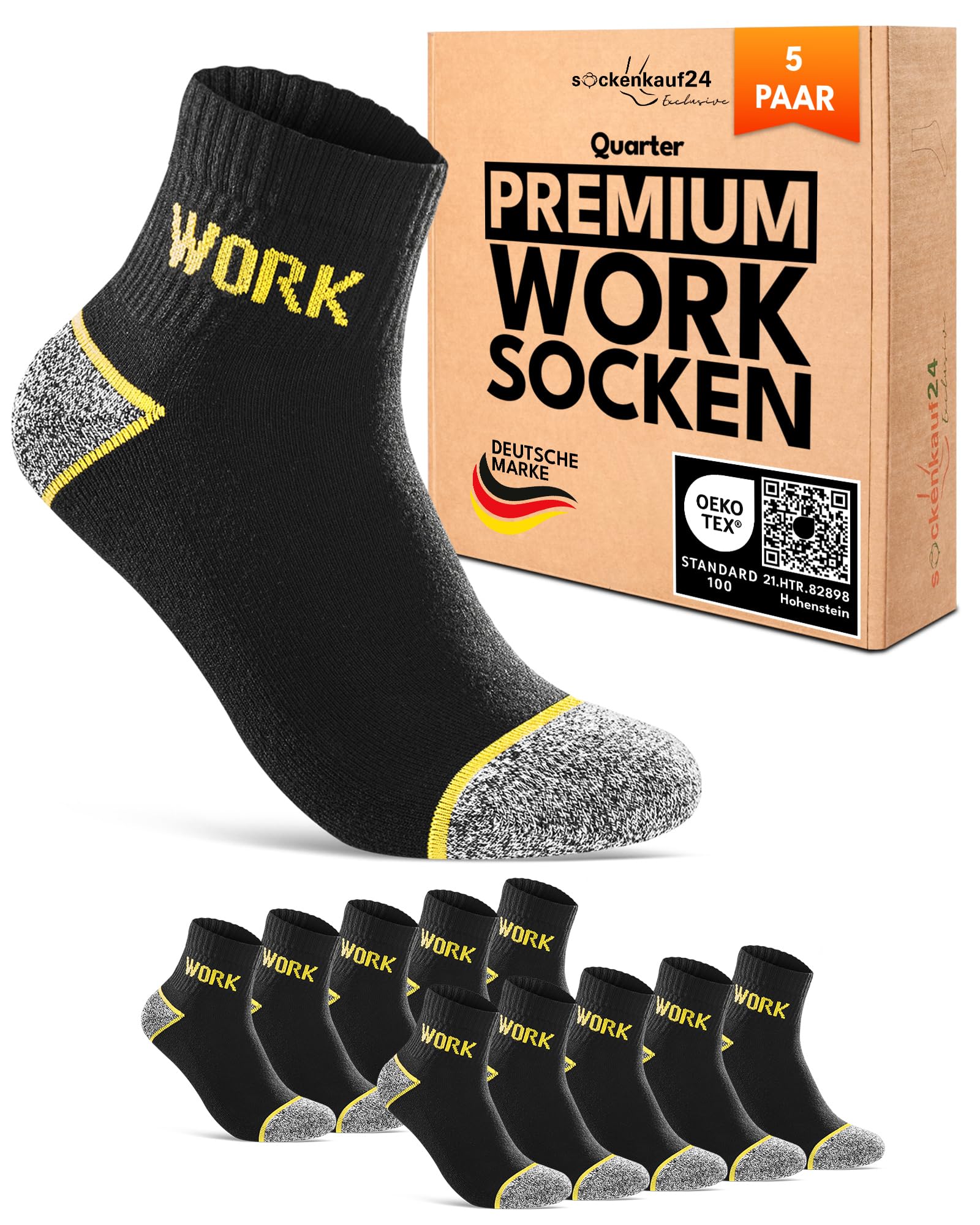 Kurze Arbeitssocken Herren Quarter Socken WORK Socks 5 Paar in Premium Qualität mit verstärkter Ferse & Fußspitze, gepolsterte Sohle, mit Komfortbund ohne Naht aus Baumwolle