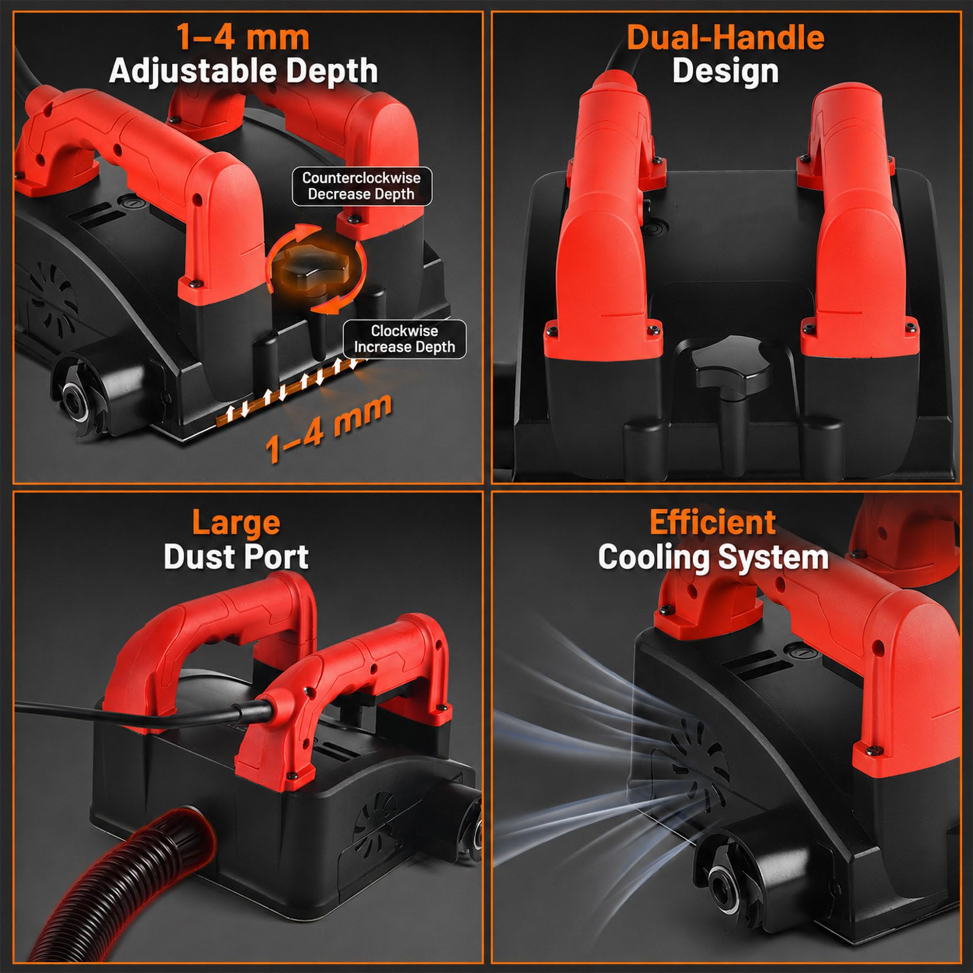 Cepilladora Mural para Cemento 1200W, 2 Cuchillas, 1000-4000 RPM