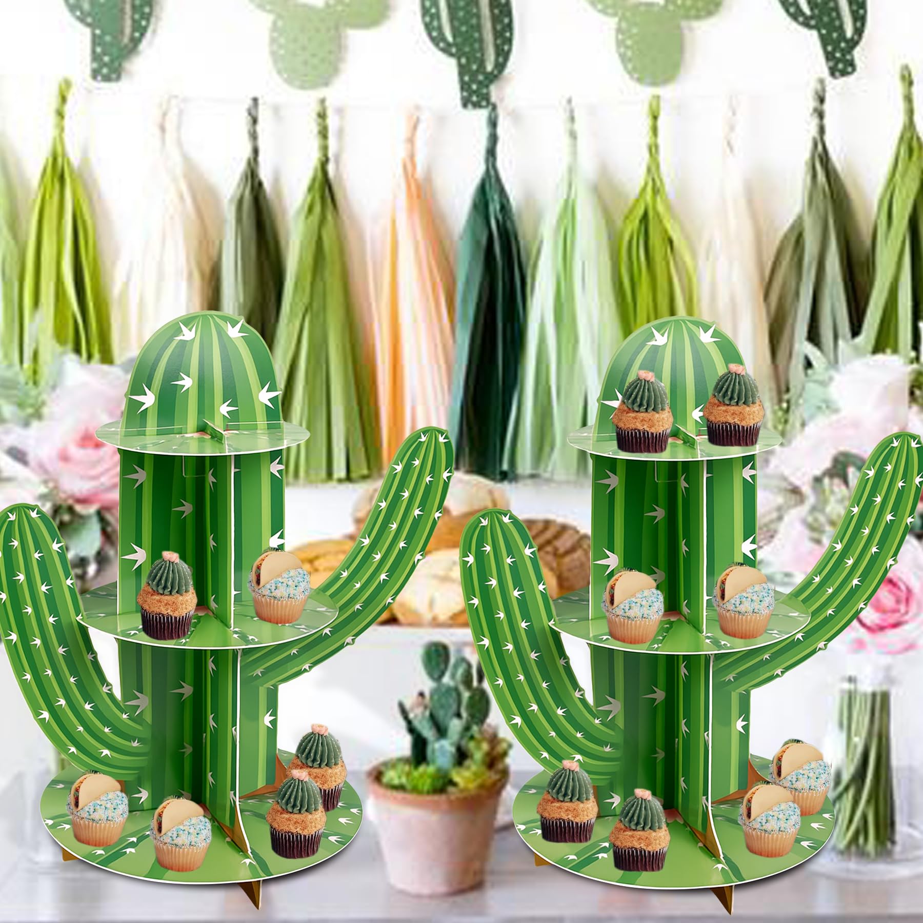 Soporte para cupcakes de cactus de 3 niveles, soporte para cupcakes con forma de cactus verde para suministros de fiesta mexicana, decoraciones de fiesta de taco, recuerdos de fiesta del Cinco