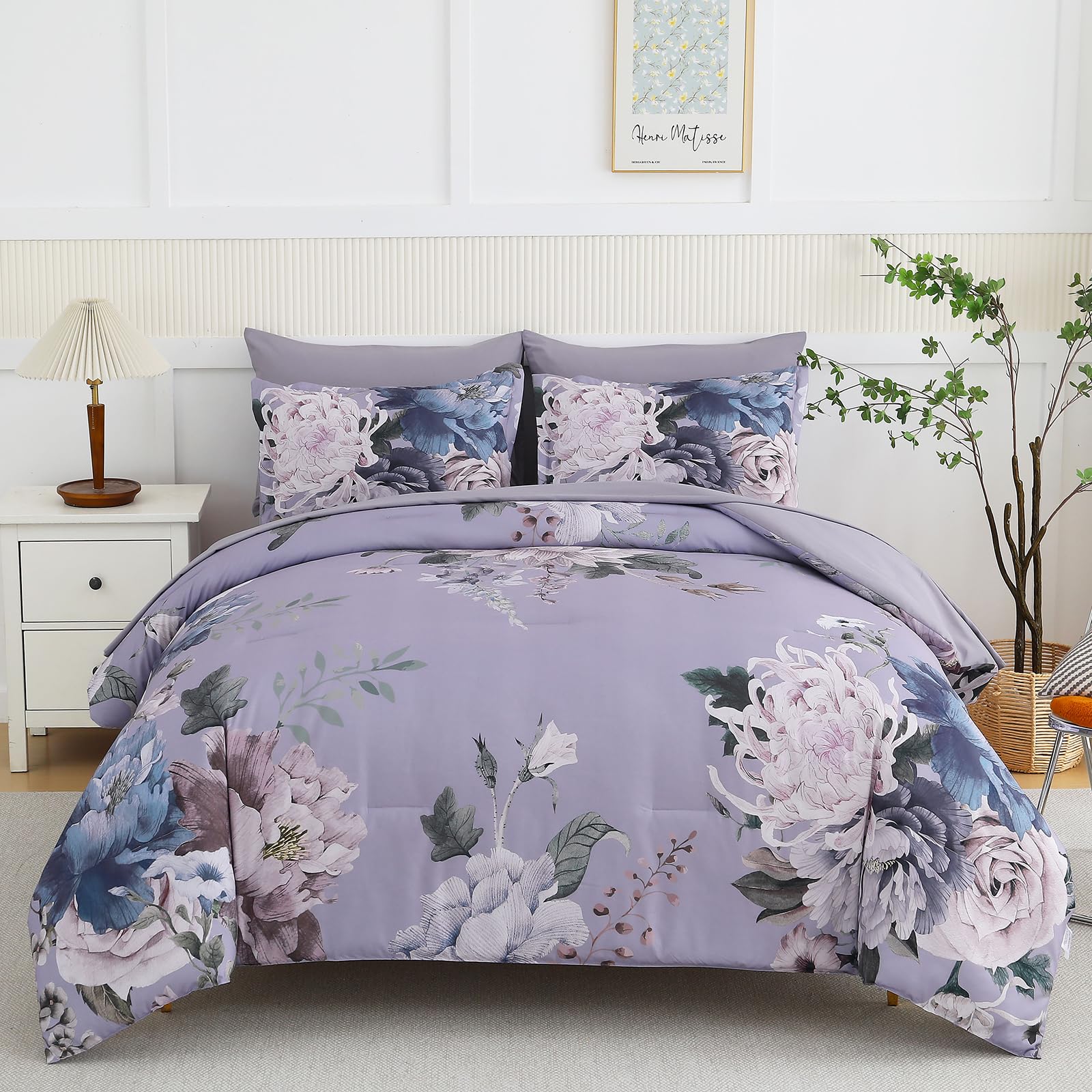 Luxudecor Floral King Comforter Set 7 Pieces Bed in a Bag, Flower Print on Lavender Purple Bedding Set, Soft Reversible Comforter with Sheet Set 104"x90"