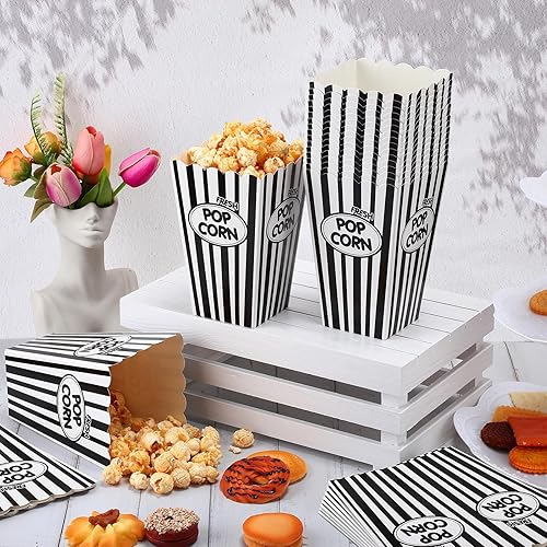 Miniatura 7 de Xinnun Paquete de 100 cajas de palomitas de maíz, cubos de papel a rayas negras y blancas, contenedores desechables a prueba de aceite, vintage,