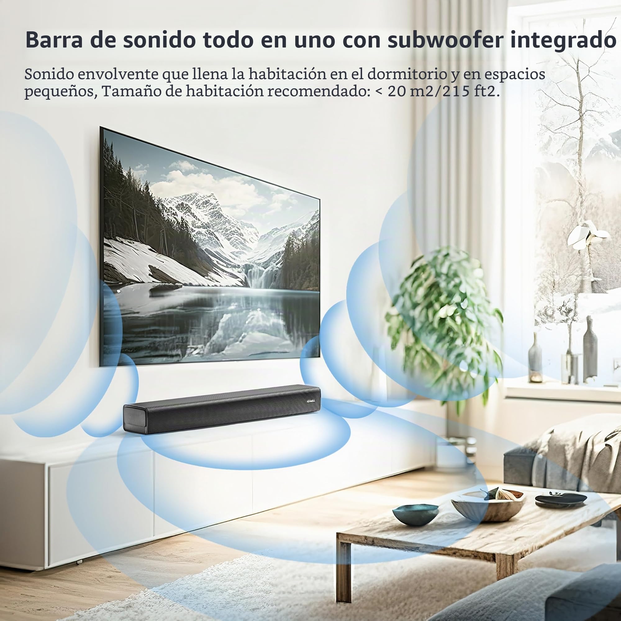 Compact Pequeño 60cm 2.1ch Barra de Sonido TV/Bluetooth/PC/Proyector,120W Soundbar con subwoofer Integrado, Mejorador de Diálogo Altavoz TV Óptica/Aux.