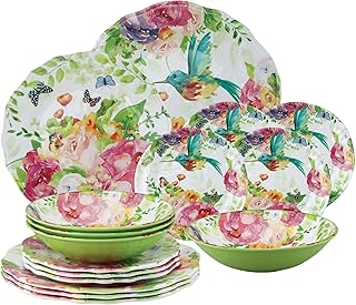UPware 16 Piece Rose Garden Melamine Dinnerware Sets, Outdoor Dishes Set, Plates and Bowls Sets, Service for 4, Multicolor