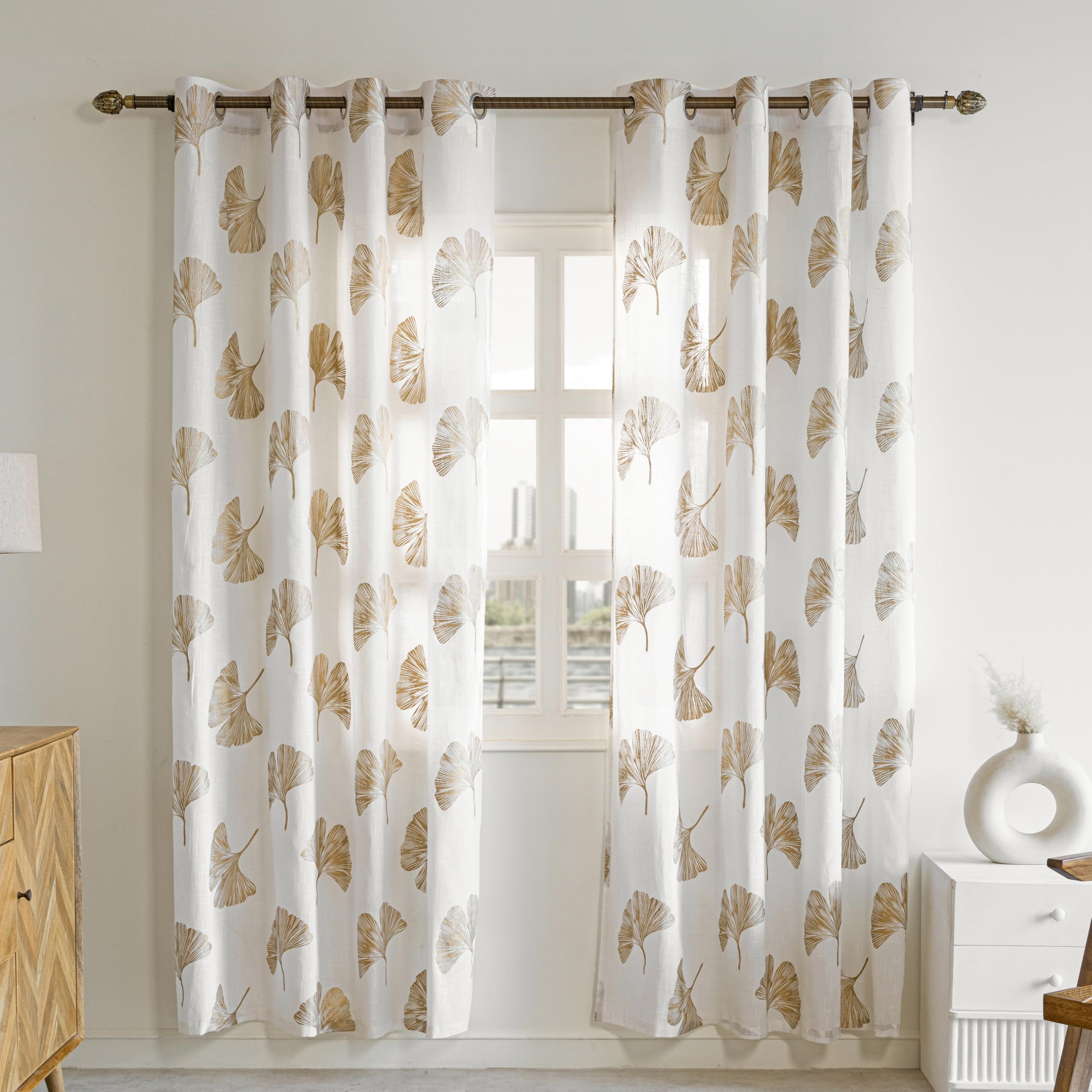 HOMEMONDE Cotton Curtains 8 Feet Long Set of 2 - Gold Leaf Printed Sheer Curtain for Long Door, Light Filtering Transparent Drapes - 96 Inch (B0D842V1LB) Amazon Price History, Amazon Price Tracker
