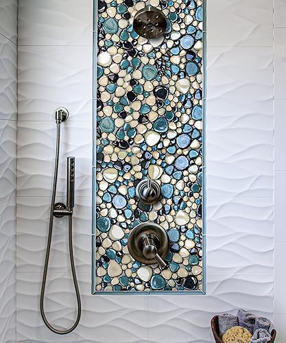 Miniatura 4 de Azulejos de guijarros de 5 hojas, azulejos de mosaico azul turquesa aguamarina para salpicaduras de pared de acento, azulejos de guijarros para baño