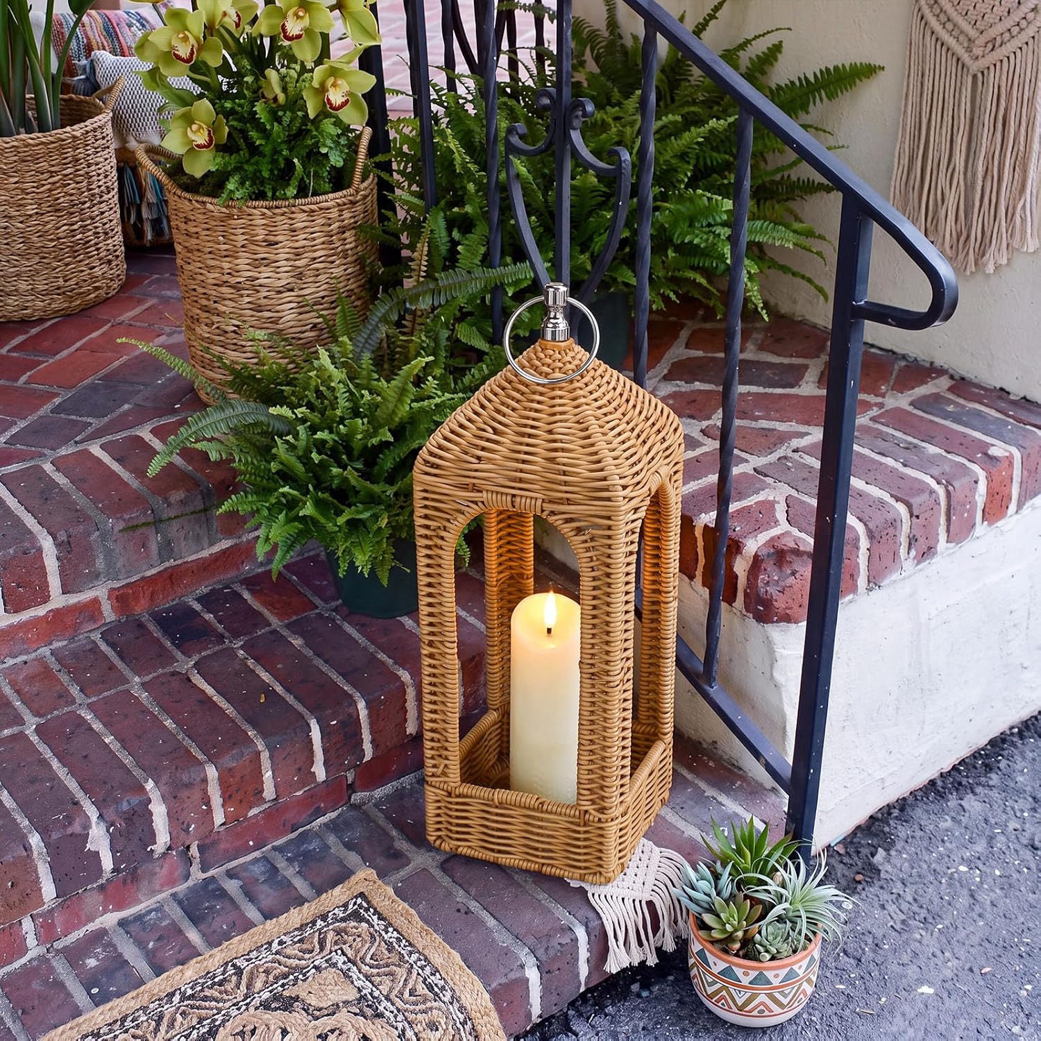 14.5 Inch Natural Rattan Decorative Lantern with LED Flameless Candle