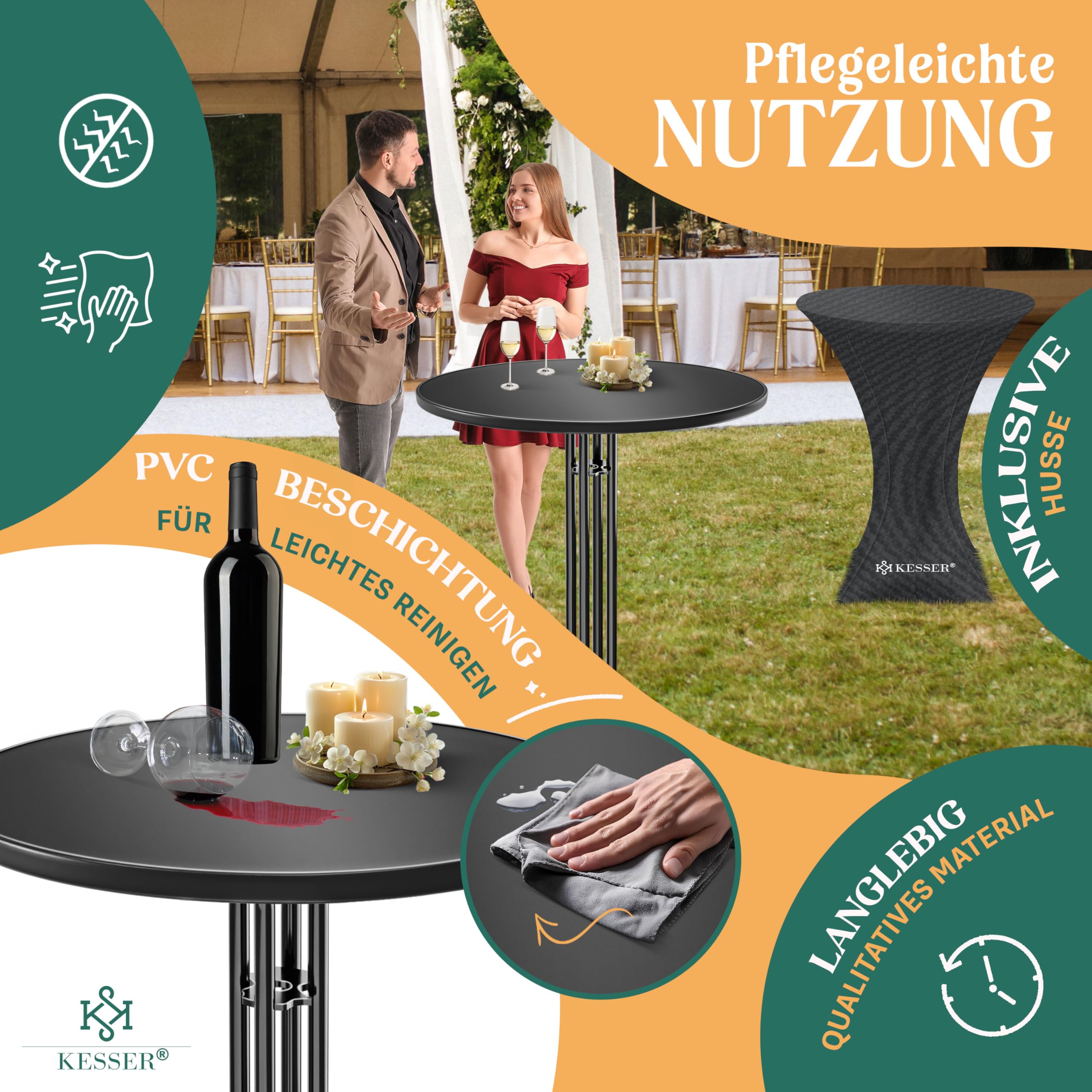 KESSER® Mesa Alta Plegable Bistró | Placa de Acero Inoxidable recubierta de Polvo | Patas Ajustables en Altura | Interior y Exterior | Mesa de Fiesta con Funda Ø 80 cm, Negro