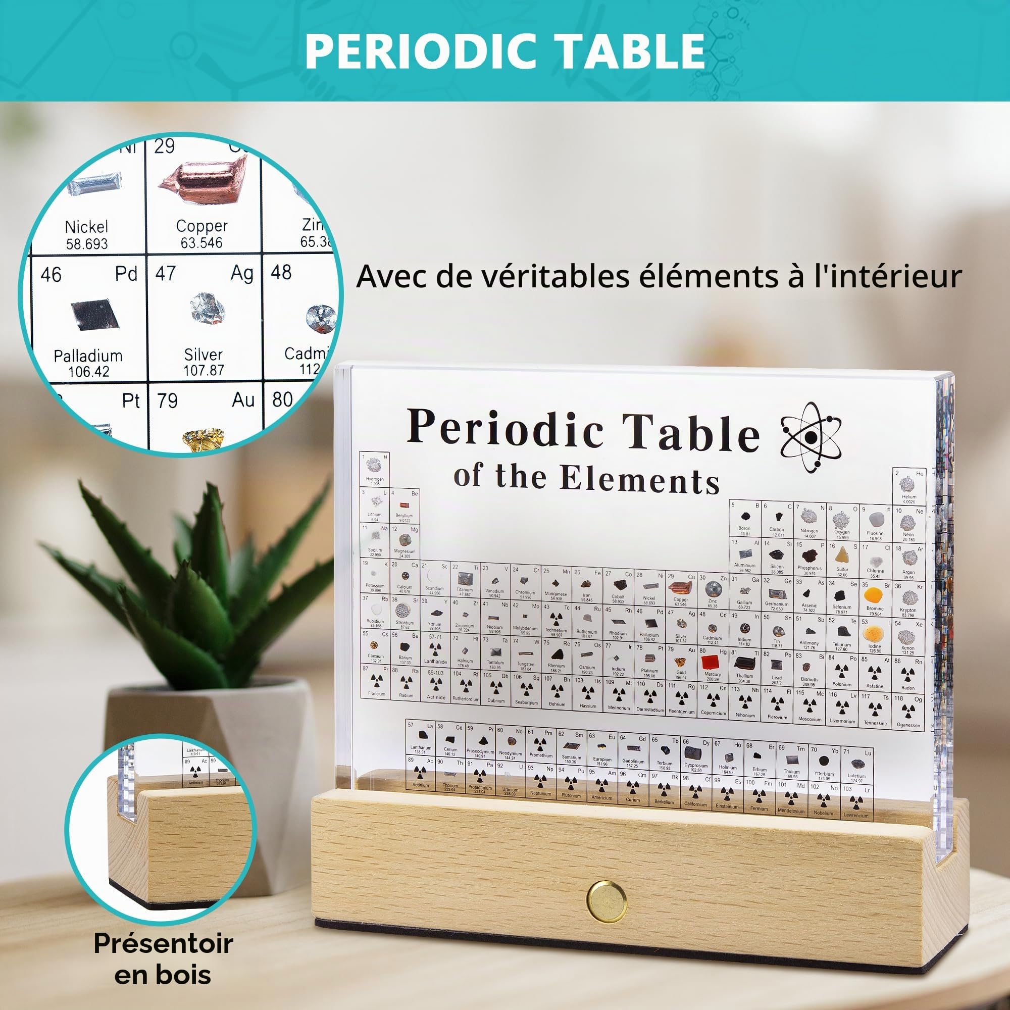 MegaBox Grand tableau périodique d'éléments avec 83 éléments réels, tableau périodique acrylique avec support en bois, 6 cartes de référence pour formule chimique, cadeau pour professeur de sciences
