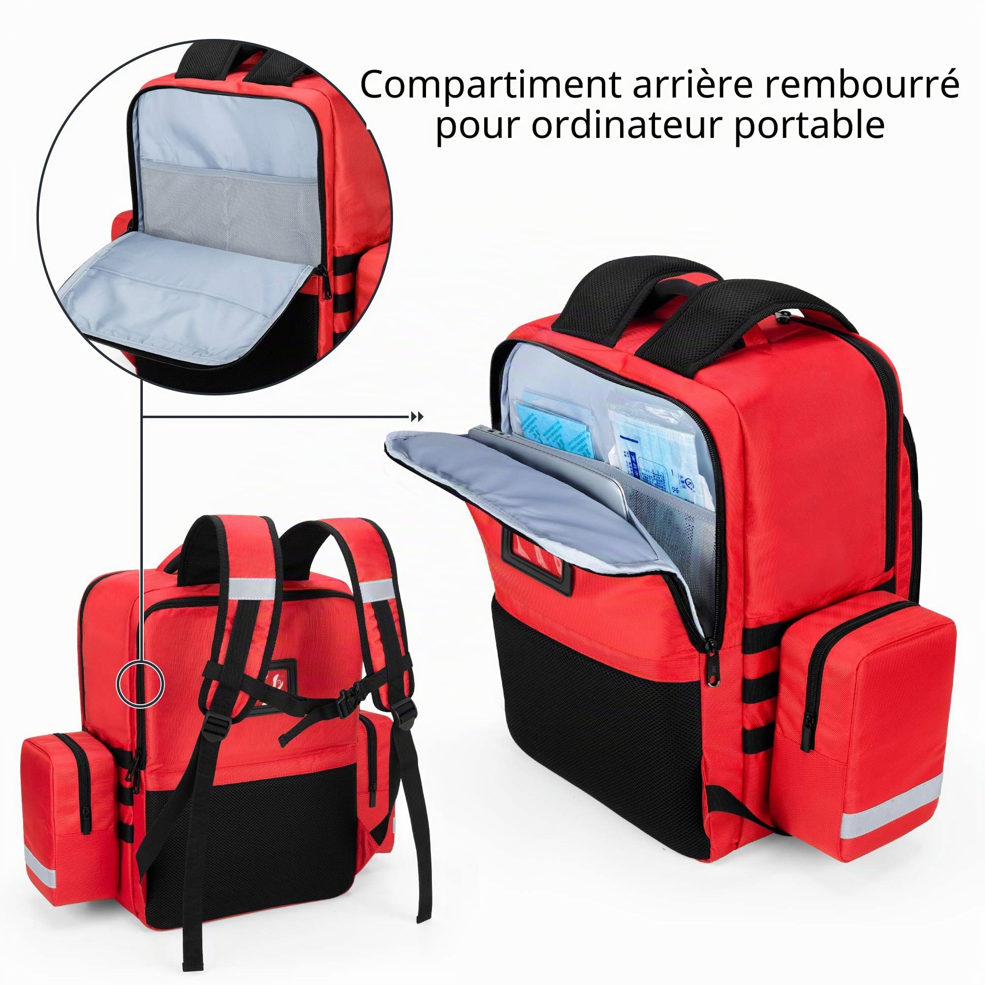 Trunab Sac à Dos Médical Emergency Rouge, Sac Premier Soins pour Secouristes avec Poches Latérales Détachable et Fond Antidérapant, Convient à EMT, Paramédical, Visite Domiciliaire- Version Améliorée