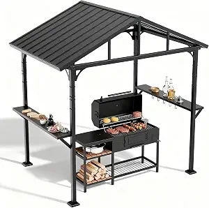8' x 5' Hardtop Grill Gazebo Outdoor BBQ Canopy Shelter with 2 Side Shelves and 5 Hooks