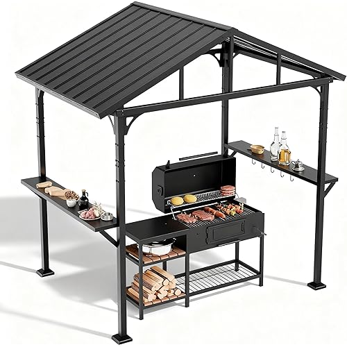 8x5 Mental Grill Gazebo with Hardtop Roof - All-Weather Outdoor BBQ Shelter with 2 Side Shelves for Patio Backyard Grilling and Barbecue Picnic,Black