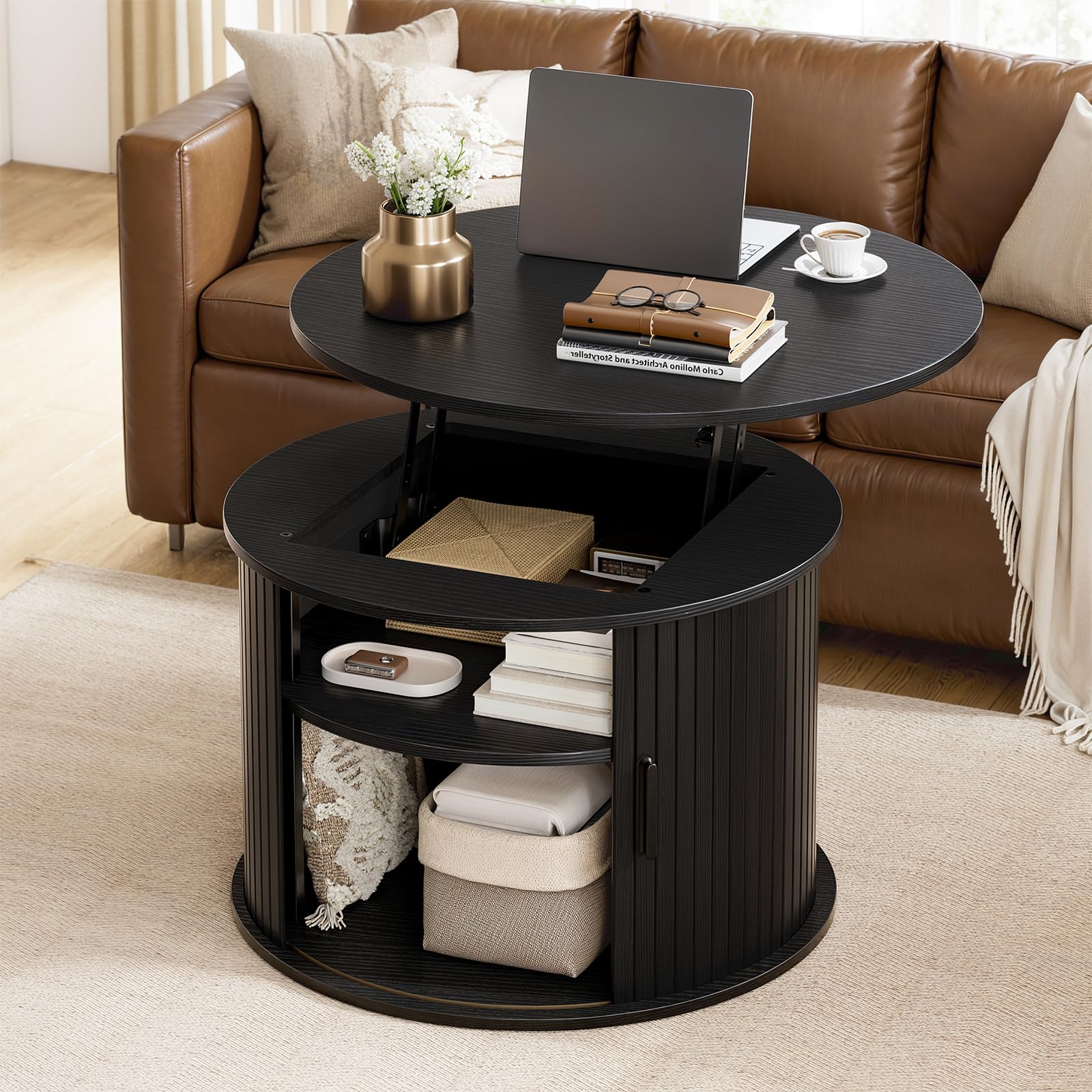 Mossora Round Lift Top Coffee Table, Fluted Wood Accent Center Table with Hidden Storage and Open Shelves, Drum Table with Sliding Rolling Door, Small Center Table Dining Table for Living Room, Black