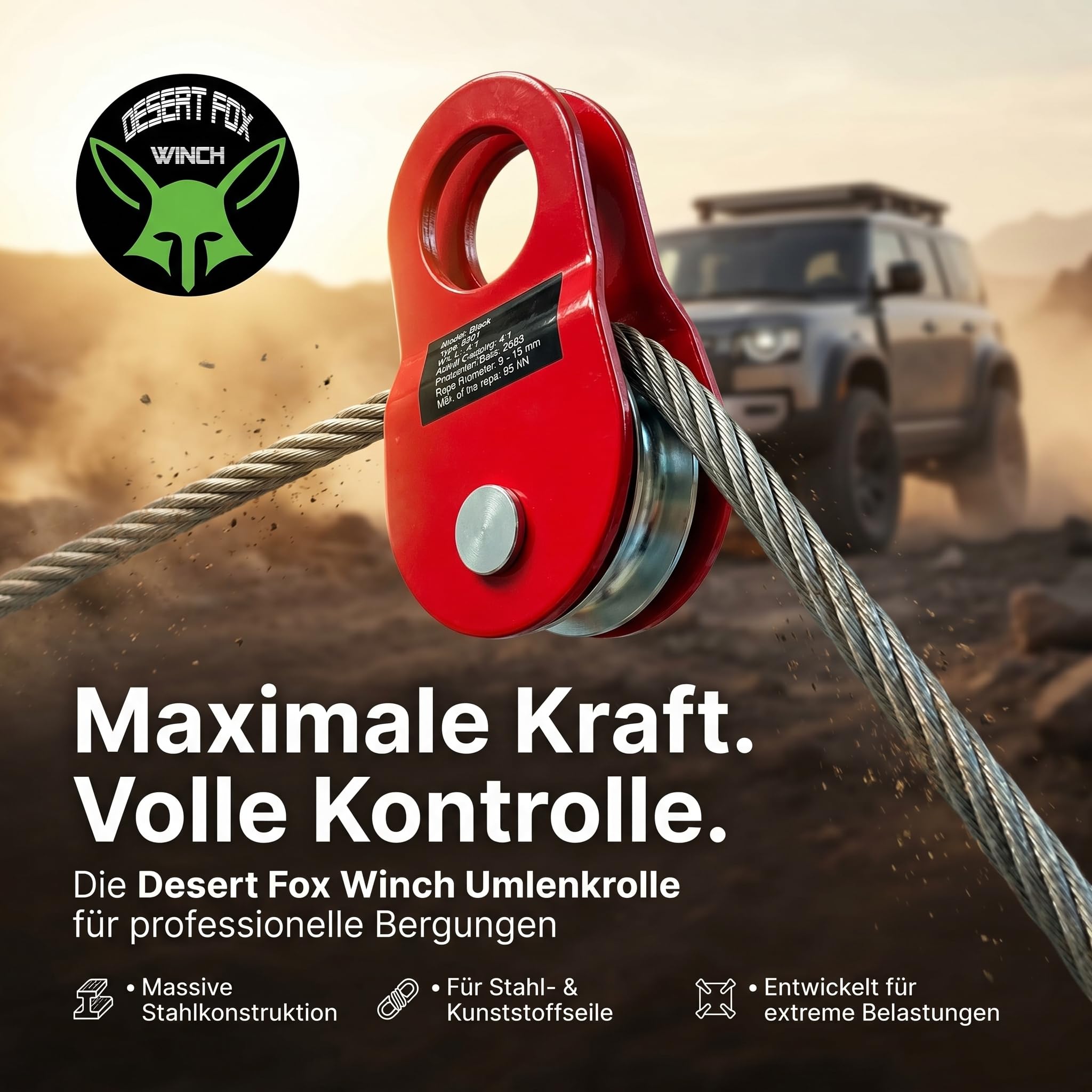 Umlenkrolle 10 t Bruchlast – Für Stahl- & Kunststoffseile bis 15 mm – Seilrolle für Seilwinden, Offroad, Forst & Recovery – Robuste Umlenkung für kontrollierte Bergungen