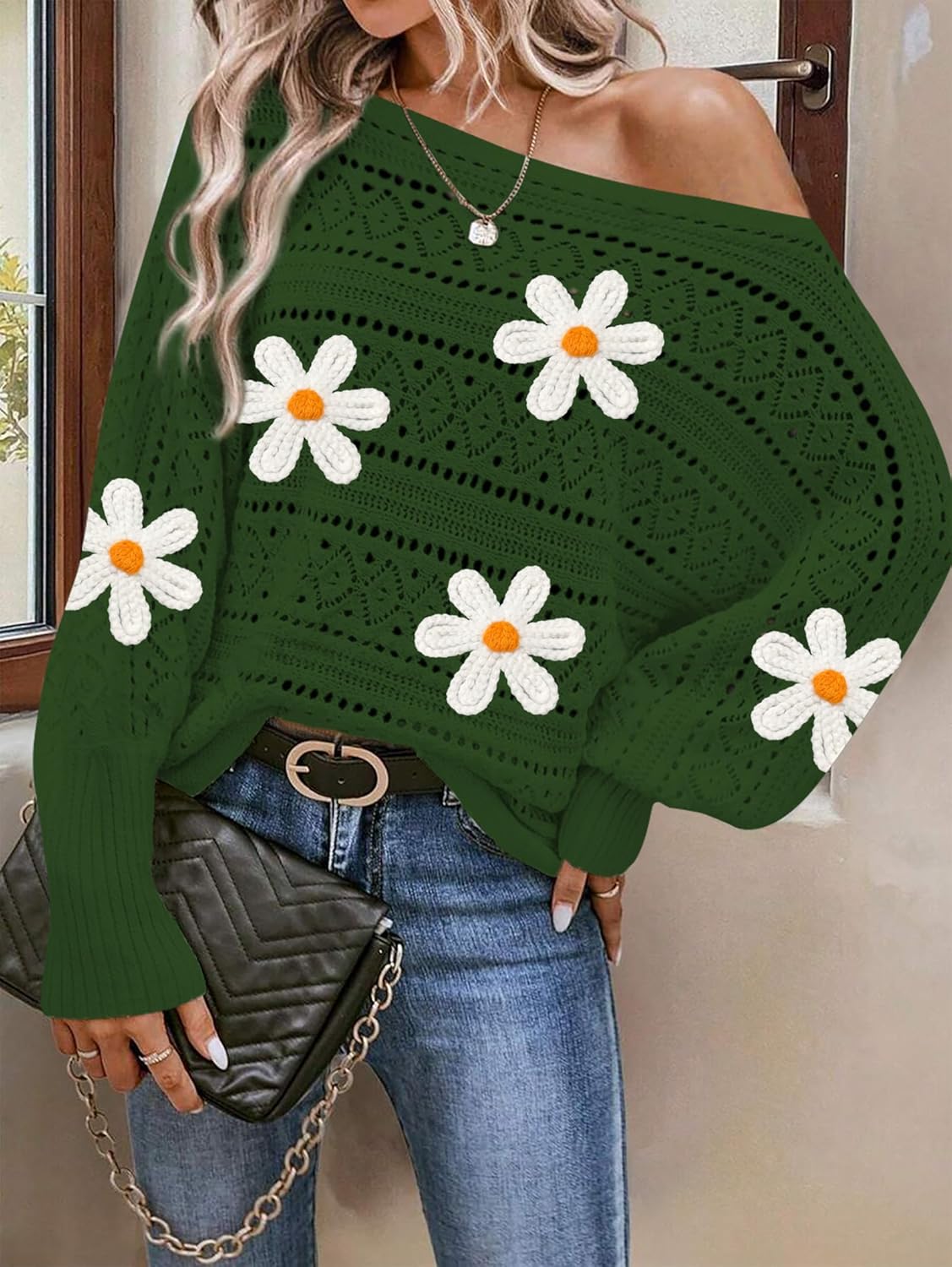 Cakulo Womens Off Shoulder Sweater Top Fall Outfits Fashion 2025 Oversized Knit Batwing Long Sleeve Crochet Flower Sweaters - Image 2