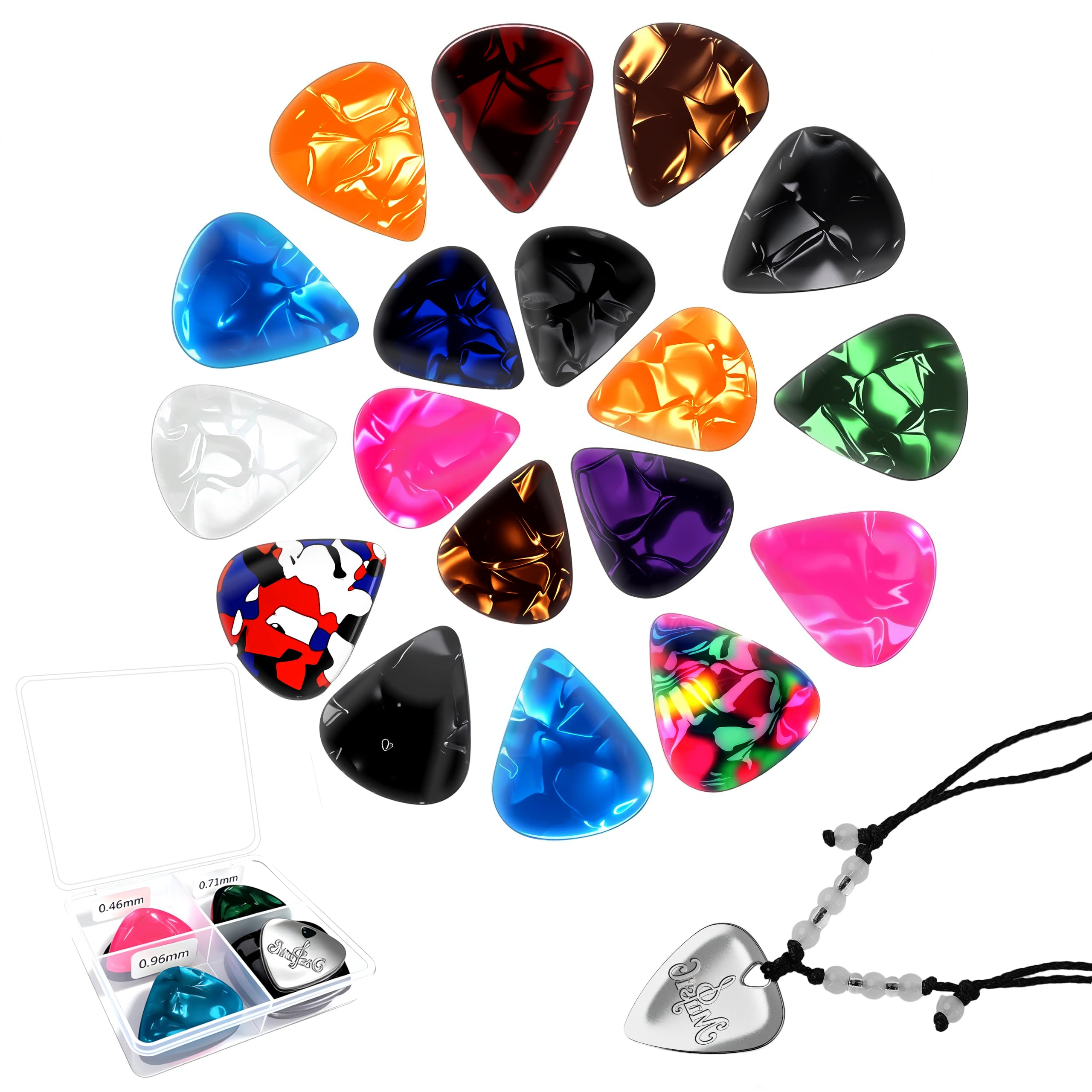 Paquete de 21 púas de guitarra con caja organizadora y collar de púa de aleación de zinc, 0.46 0.71 0.96 mm, púas de celuloide para guitarras acústicas eléctricas, bajo, ukelelele, regalo de guitarra