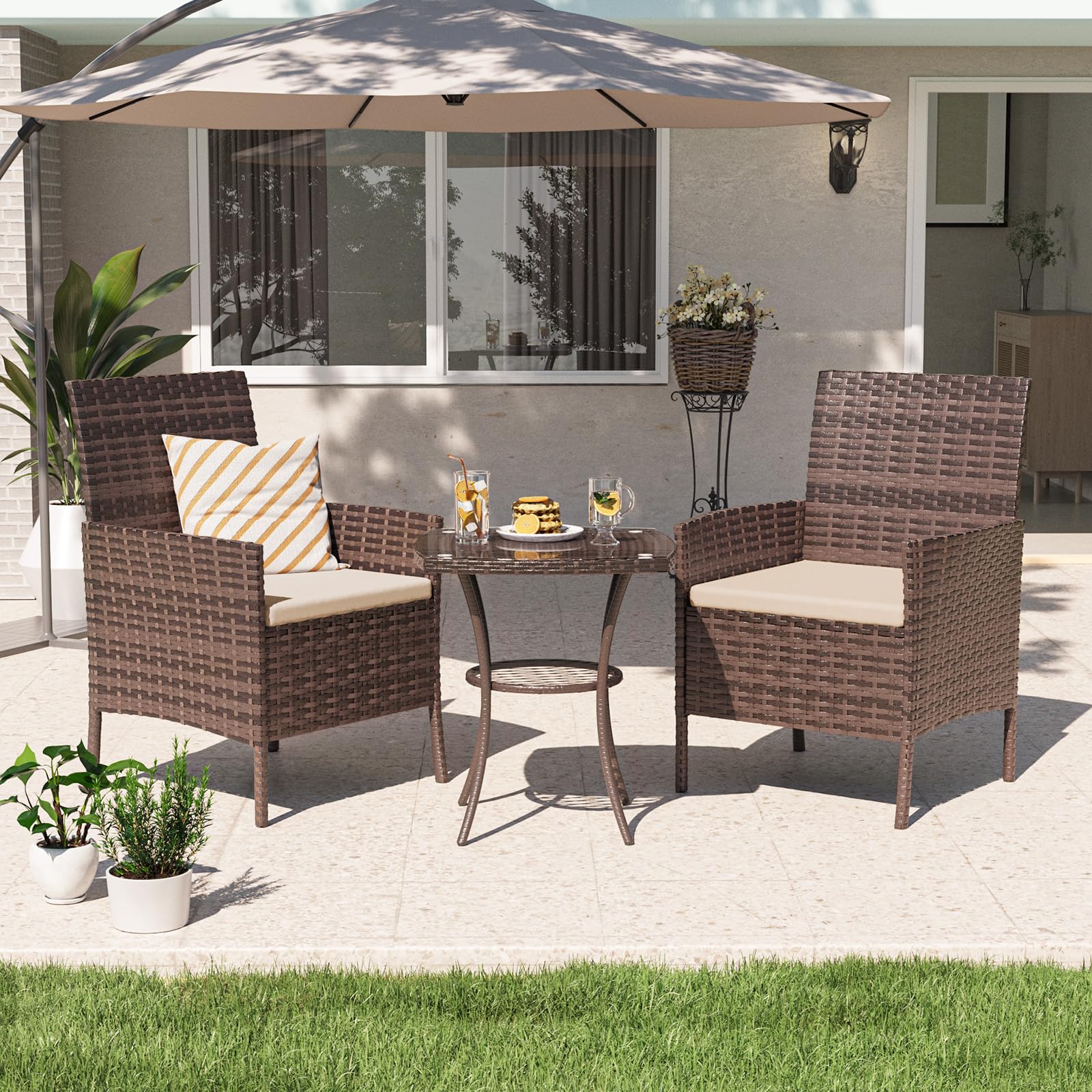UDPATIO Salon de Jardin Exterieur 2 Fauteuils avec Coussin et 1 Table Basse en Verre trempém, Canapé de Jardin en rotin pour Le Jardin et la terrasse, Marron