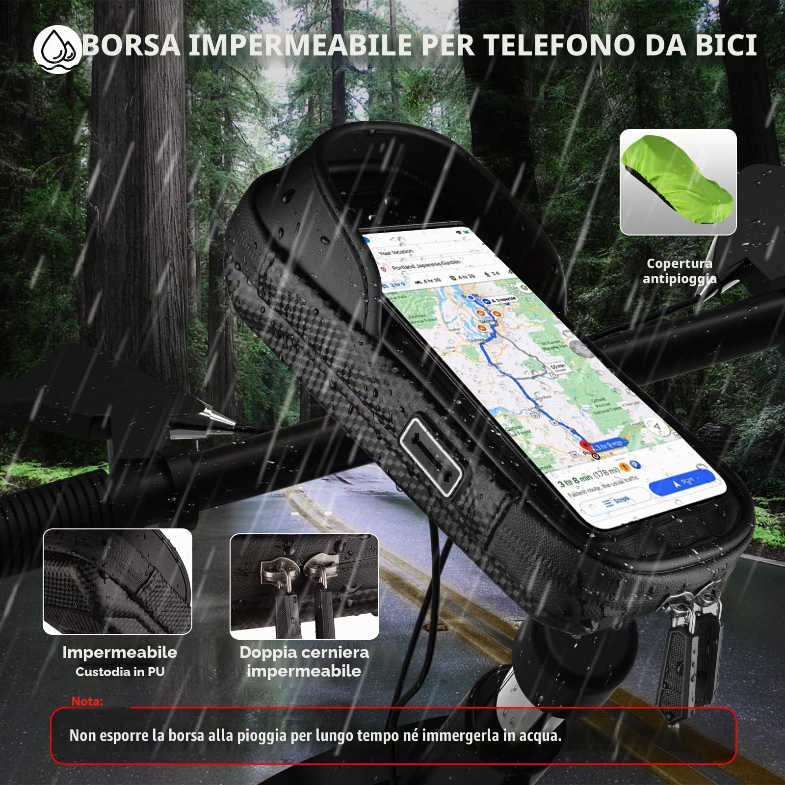 Vitalismo Porta Cellulare Bici Impermeabile, Borsa Manubrio Bici con Parapioggia Supporto Telefono Bici MTB Monopattino Elettrico Moto Rotazione 360°Touch Screen per smartphone 7 Pollici