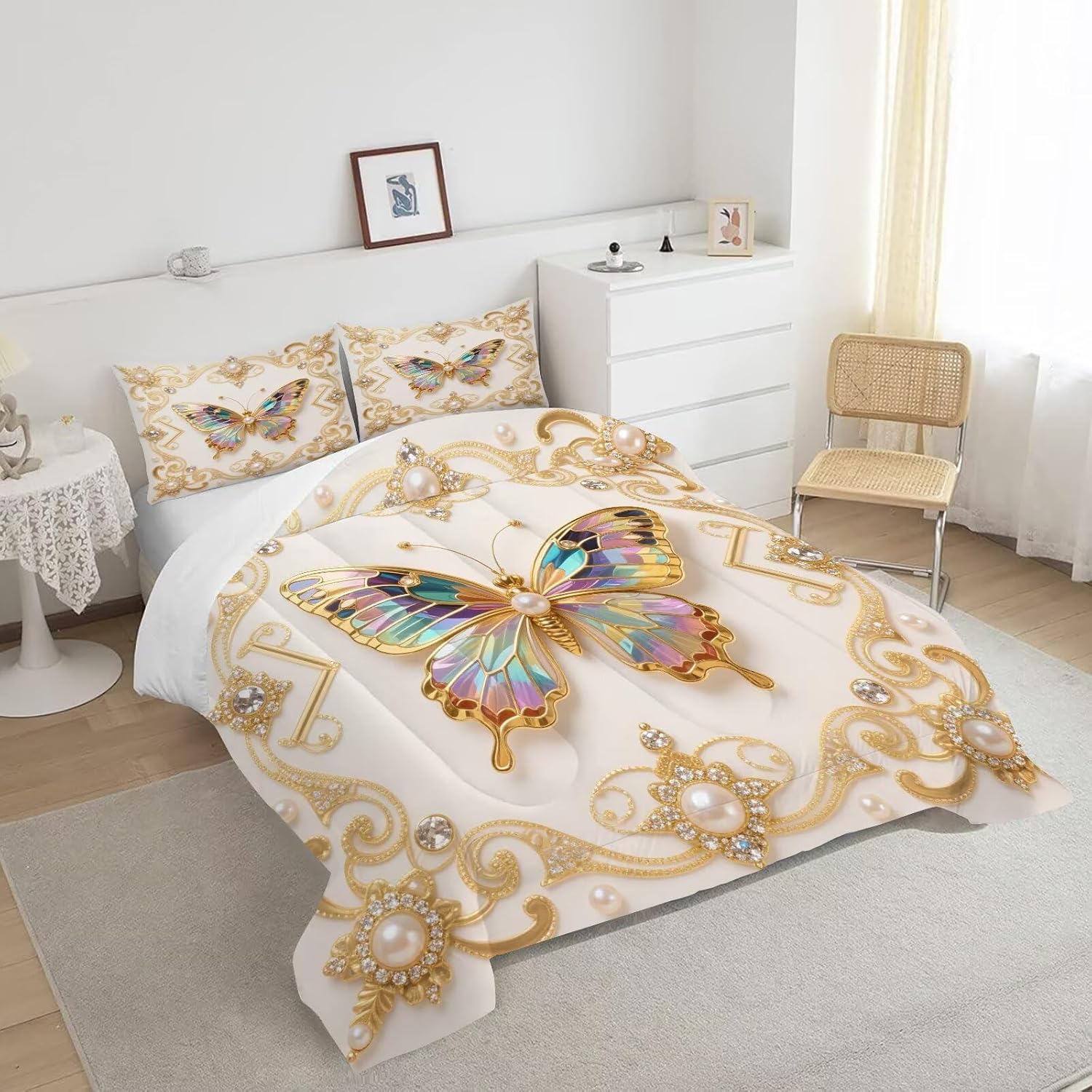 Gold Butterfly Comforter Set Queen: Animal Bedding Sets for Kids Teens Girls Women 3D Colorful Diamond Butterflies Quilt Bedroom Decor 1 Comforter 2 Pillowcases