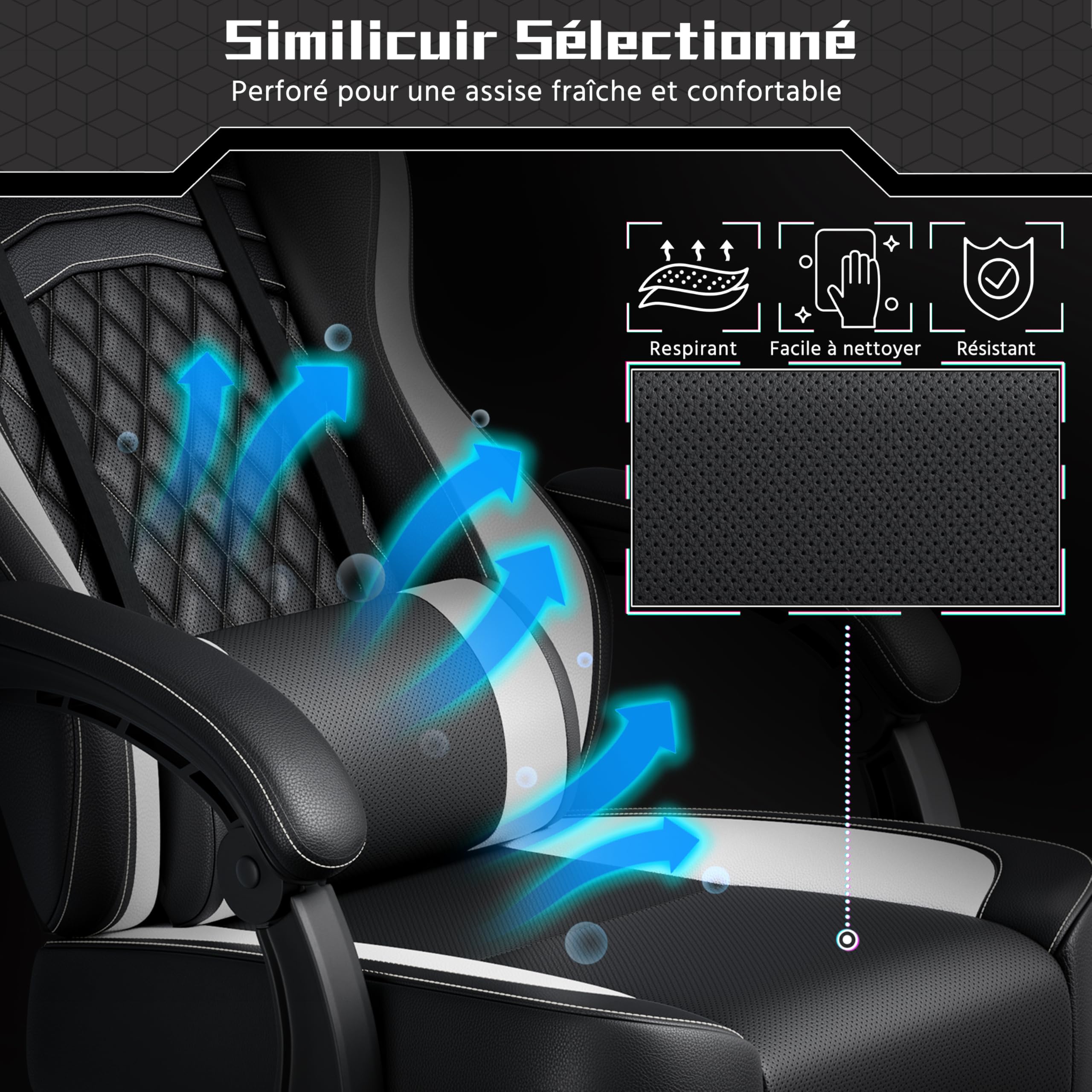Abician Fauteuil Gaming Pivotant Ergonomique, Chaise d'ordinateur Inclinable avec Coussin Lombaire, Massant Têtière Amovible Repose-Pieds Coulissant, Assise Réglable en Hauteur, Noir/Blanc