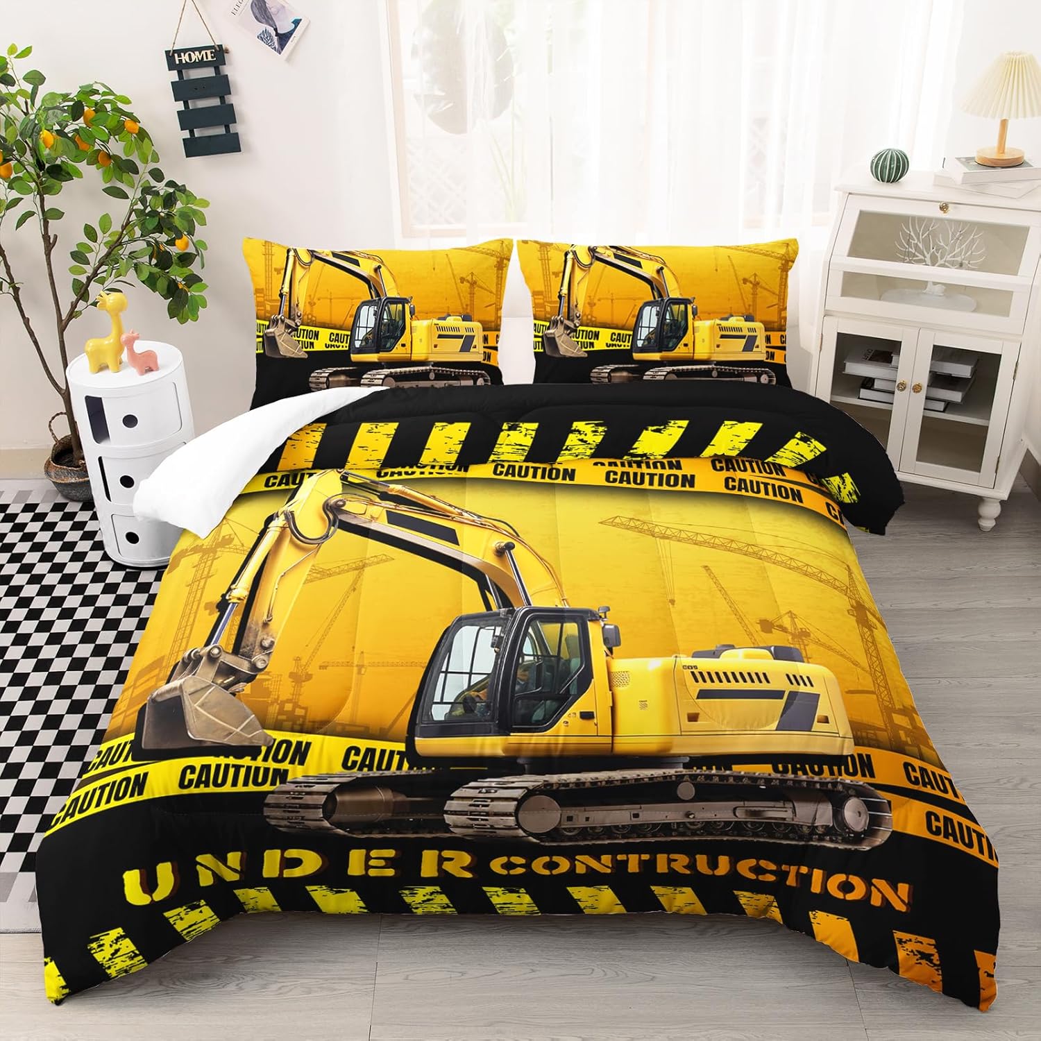 Kids Excavator Comforter Set, Construction Truck Bedding Queen Size for Kids Teens Boys Girls, 3Pcs Bedding Set Printed Comforter with 2 Pillowcases Style 2 Queen